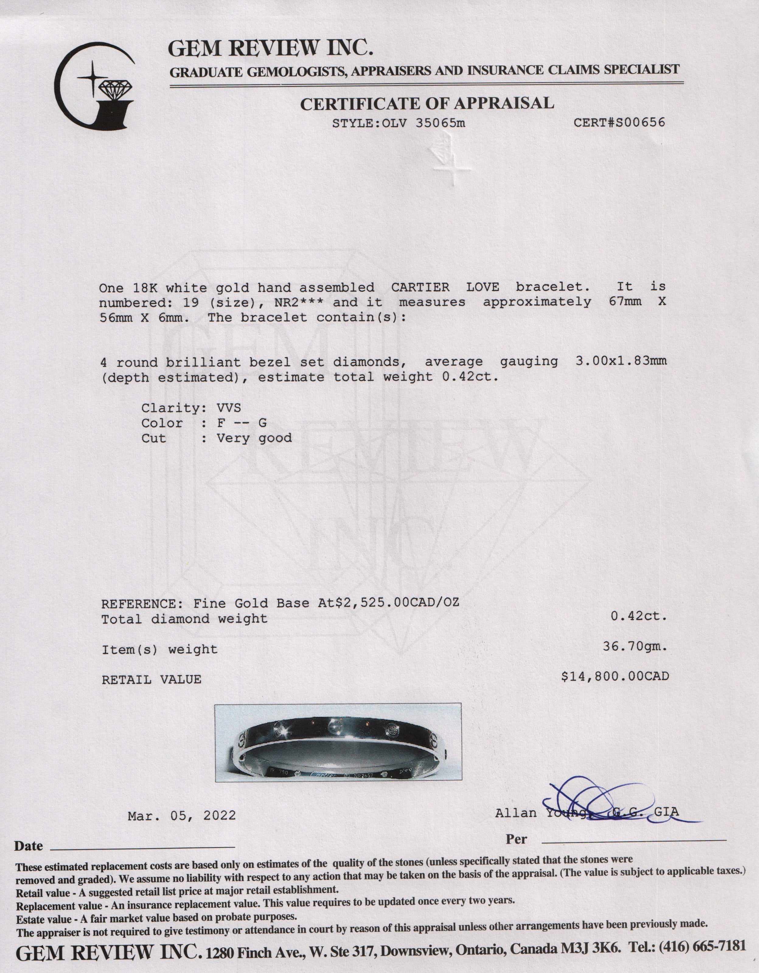 Cartier 18k White Gold 4 Diamond Love Bracelet