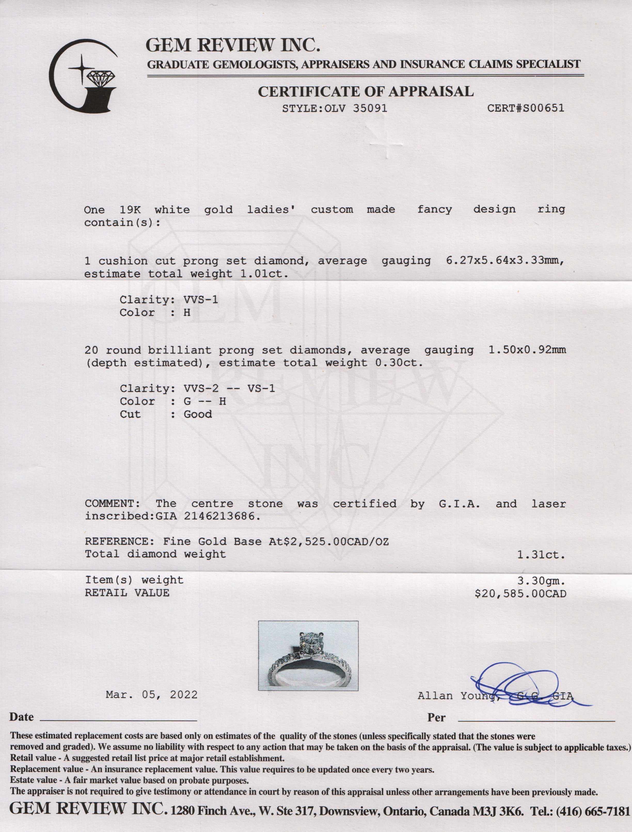 1.01 ct. Cushion Cut Diamond Ring