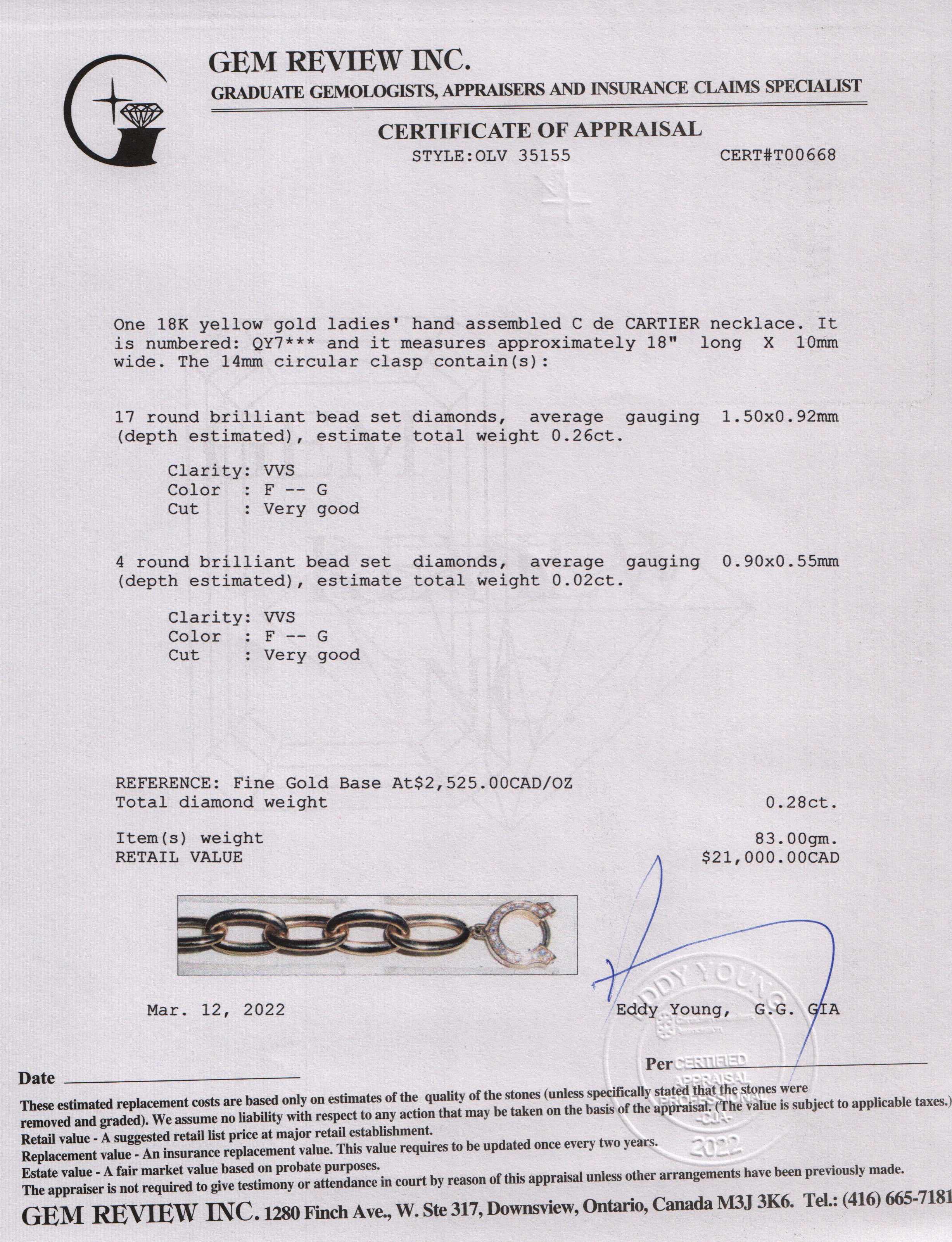 Cartier Diamond C De Cartier Chain Necklace w/ Receipt & Certificate