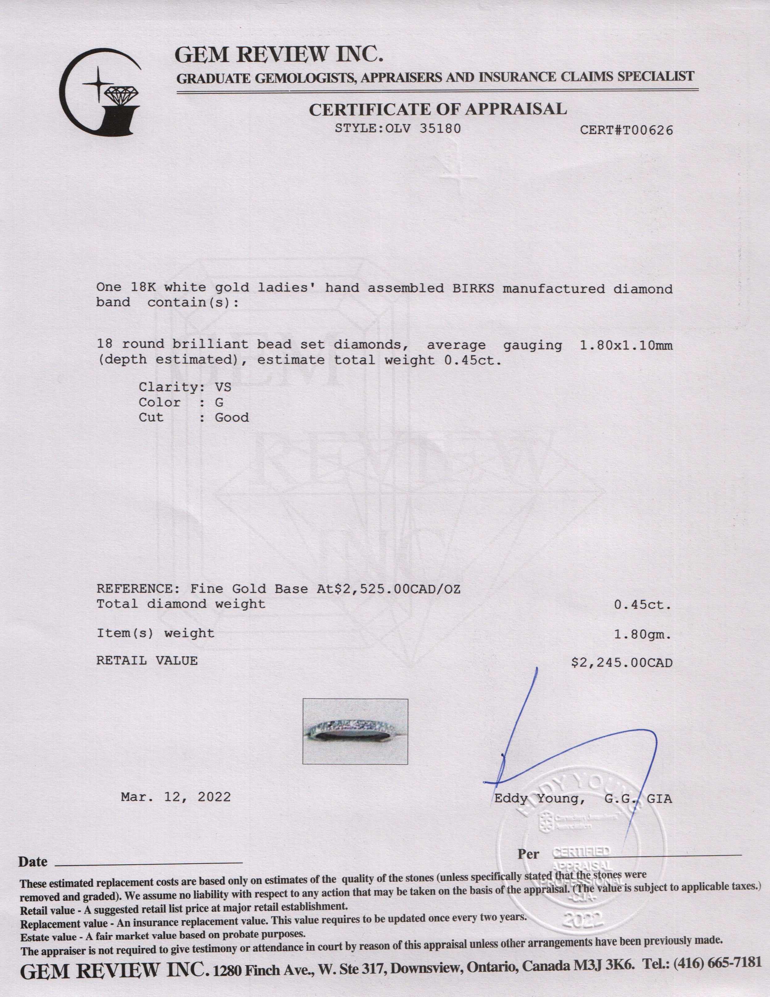 Birks 18k White Gold Diamond Band Ring