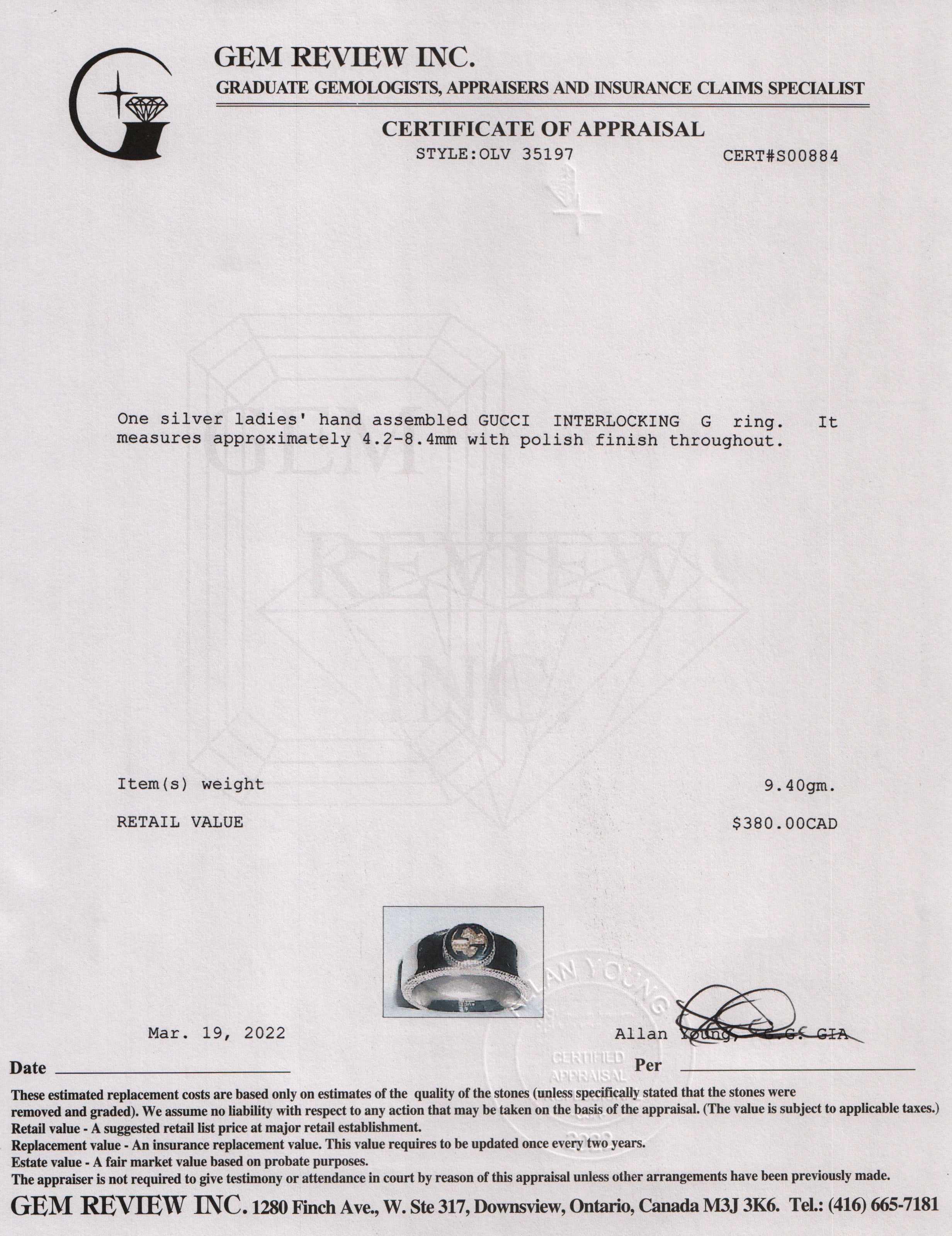 Gucci Sterling Silver Interlocking G Ring w/ Receipt