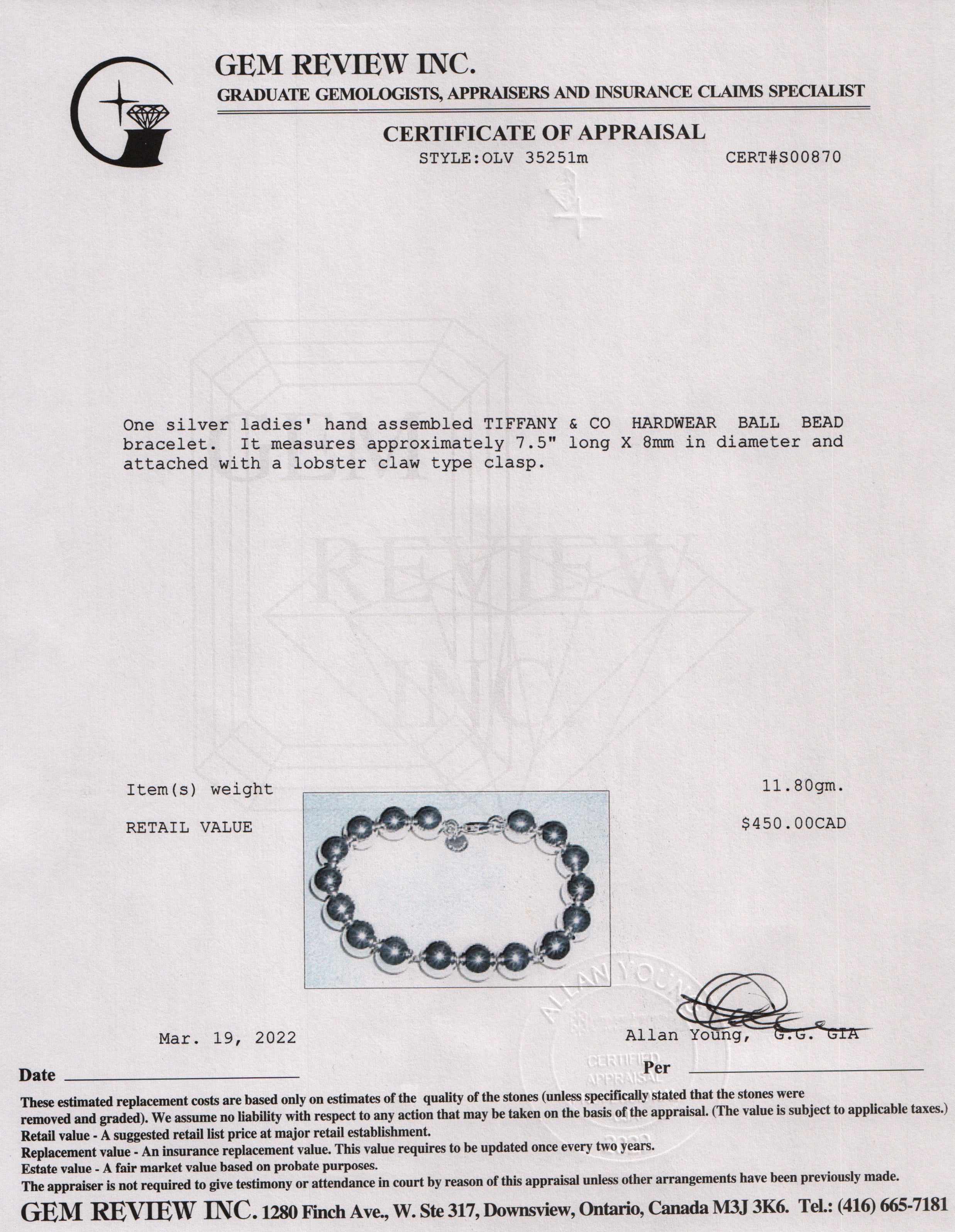 Tiffany & Co. 8 mm Bead Bracelet