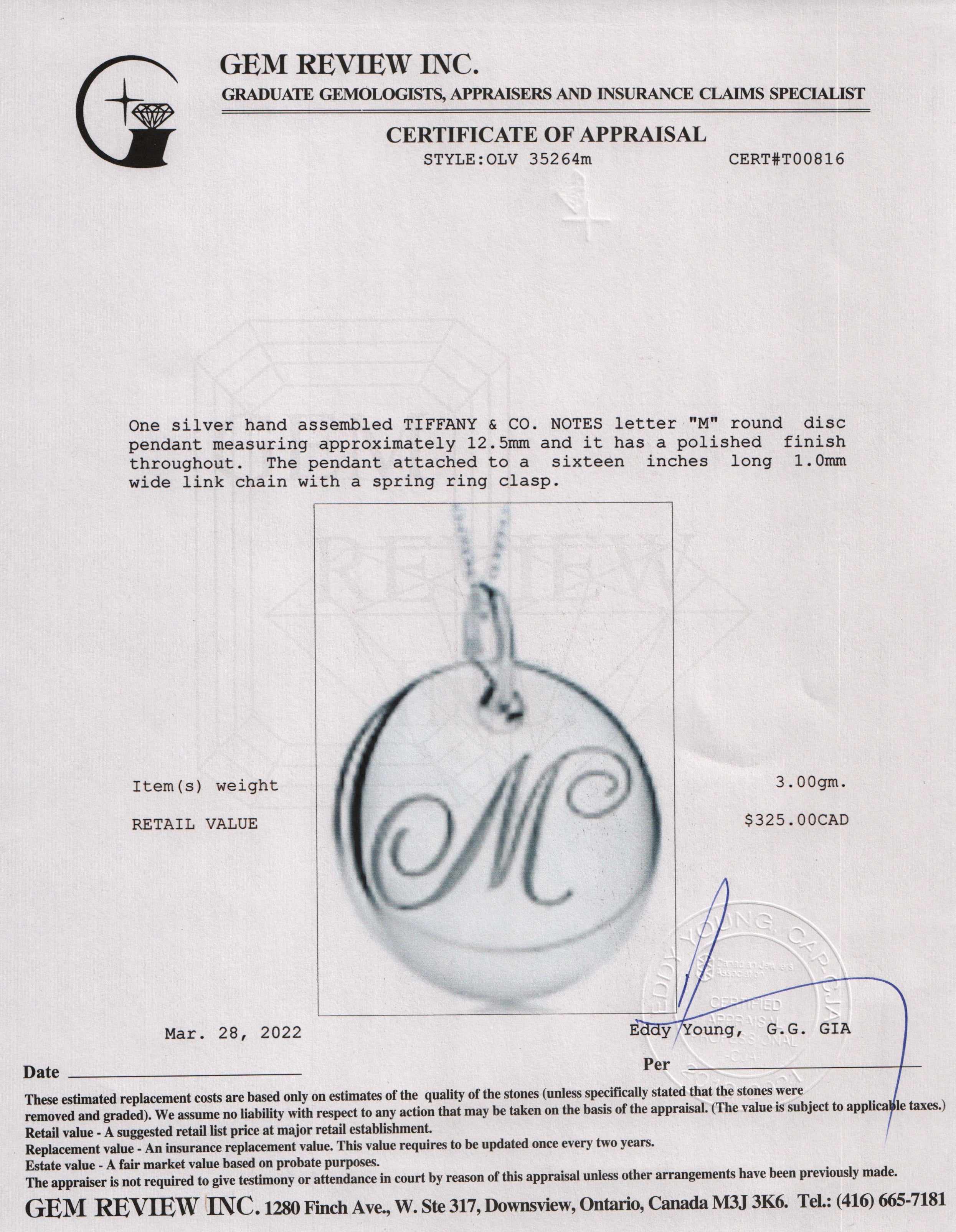 Tiffany & Co. Notes Letter 'M' Disc Charm Pendant Necklace