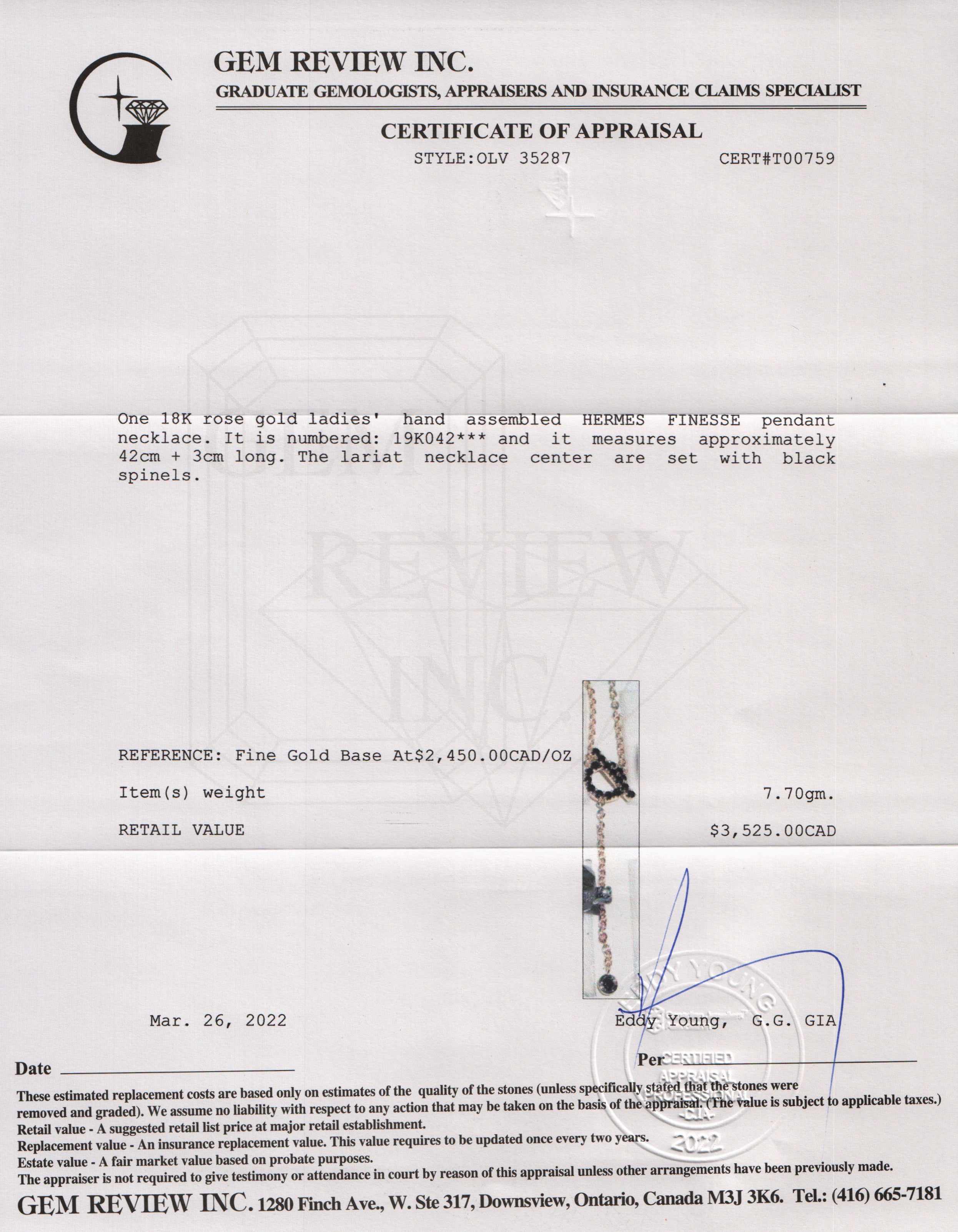 Hermes 18k Rose Gold Black Spinel Finesse Lariat Necklace w/ Box