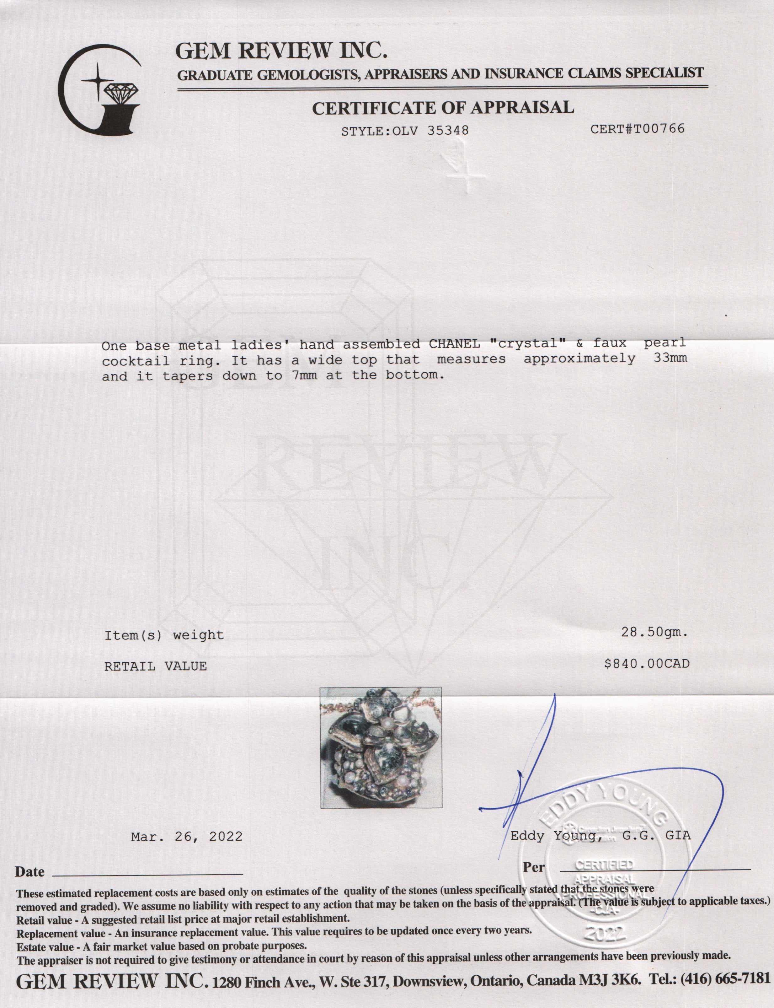 Chanel Crystal & Faux Pearl Cocktail Ring w/ Box