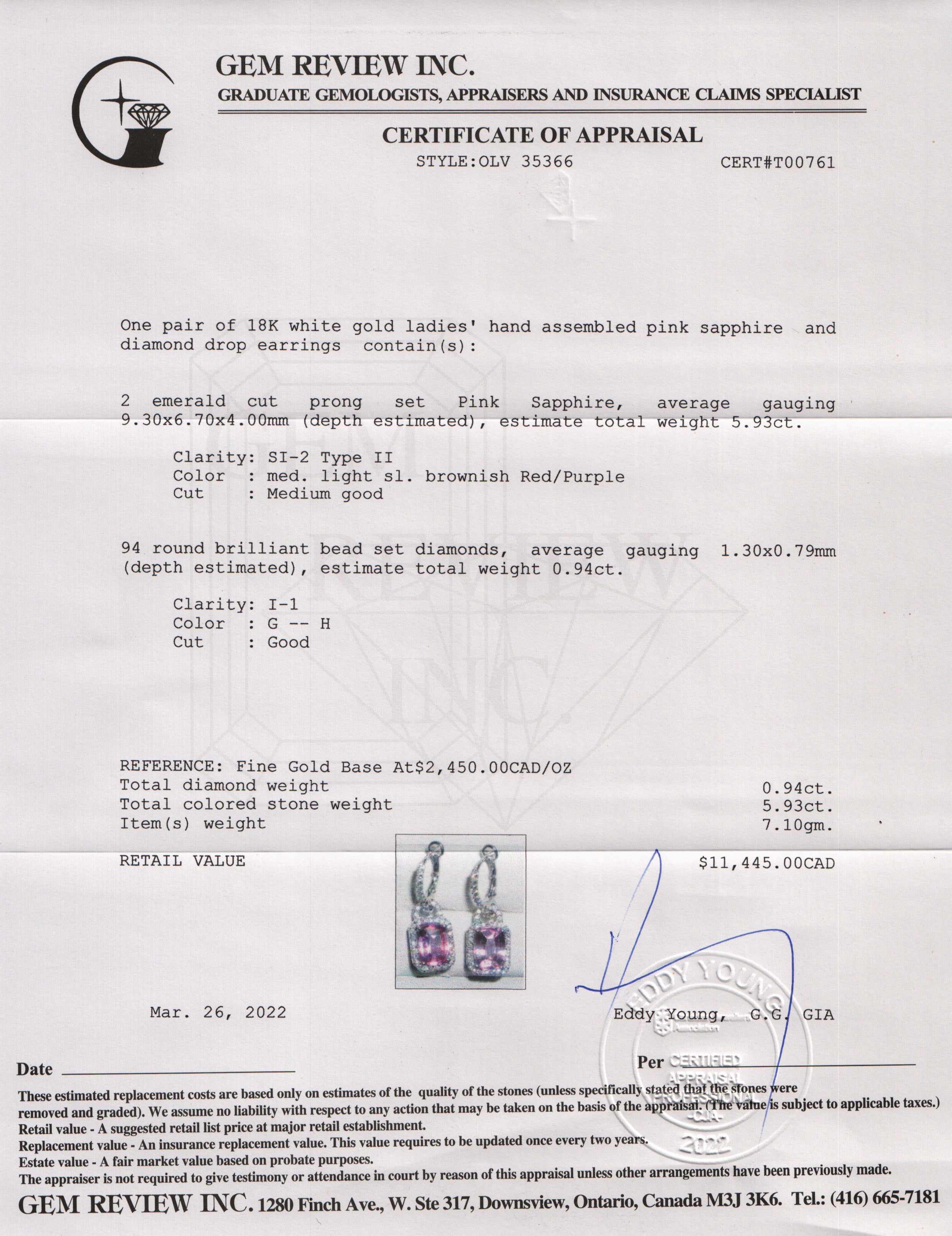 18k White Gold Pink Sapphire & Diamond Drop Earrings