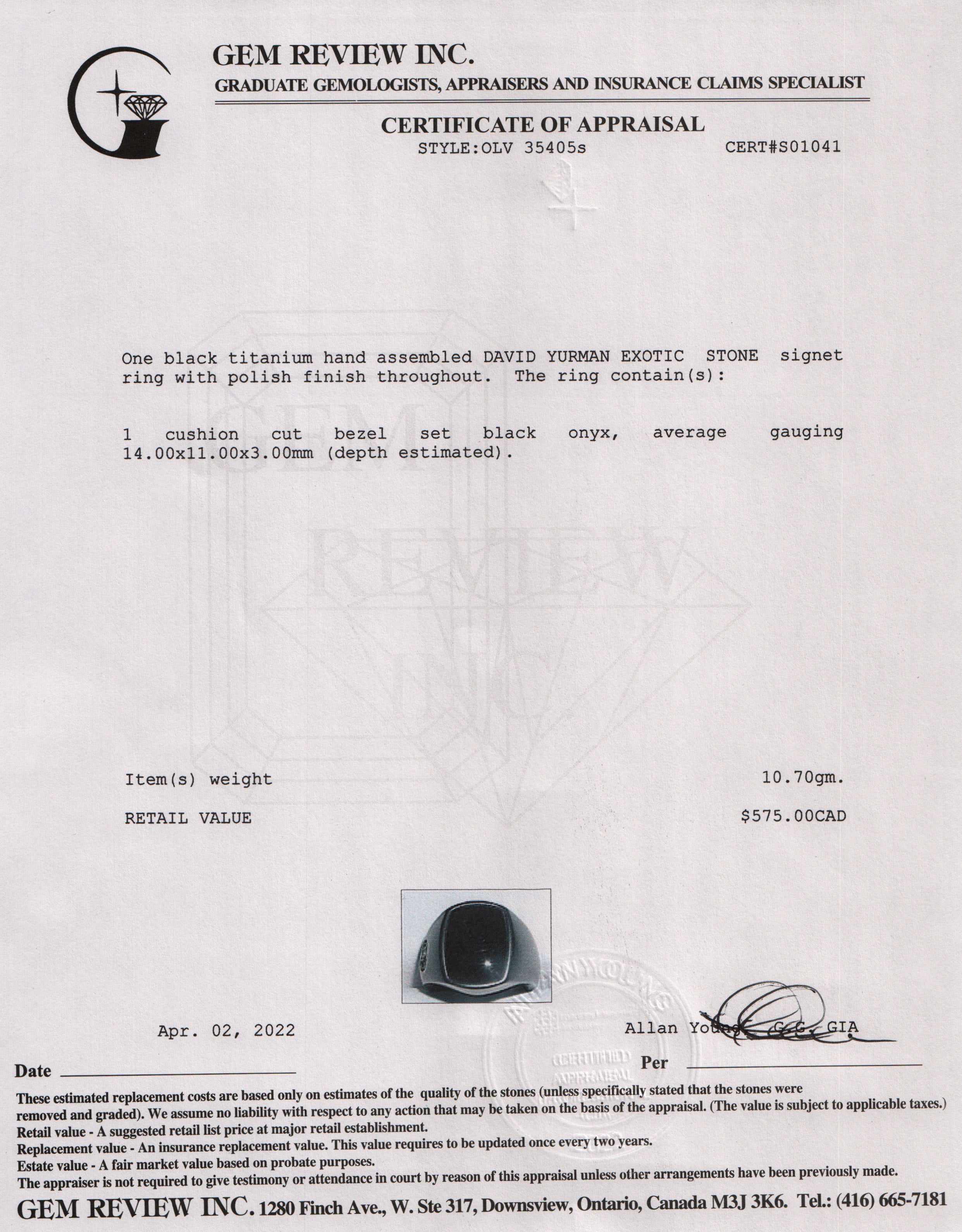 David Yurman Black Titanium Exotic Stone Signet Ring with Black Onyx