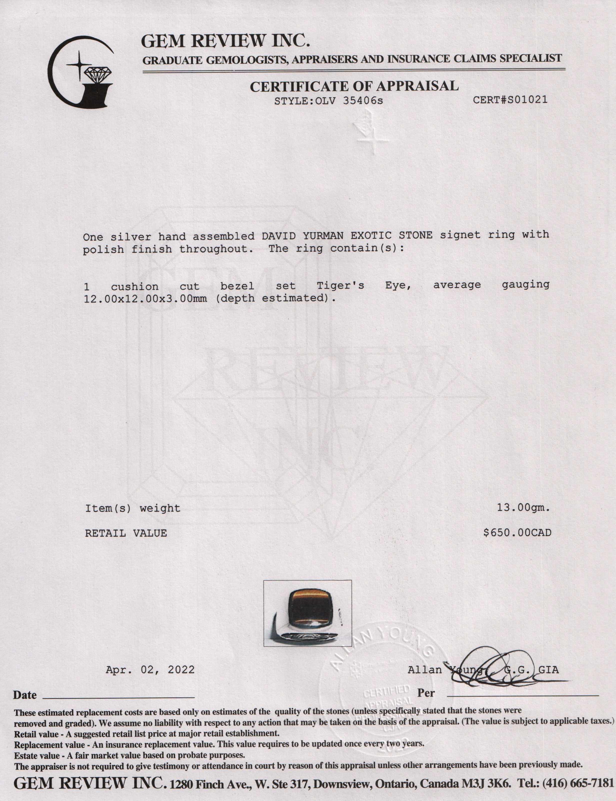 David Yurman Exotic Stone Signet Ring with Tiger's Eye