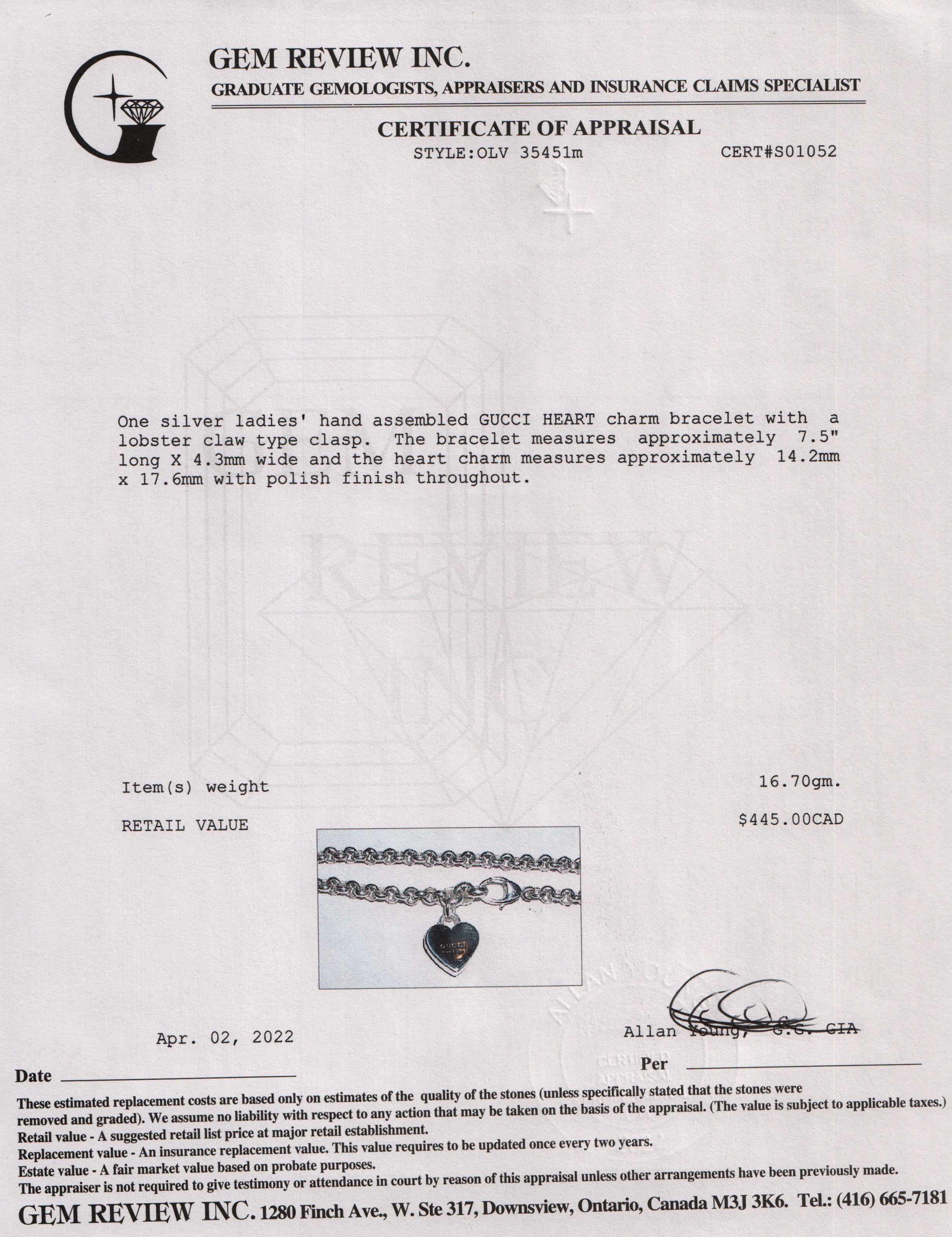 Gucci Heart Charm Bracelet