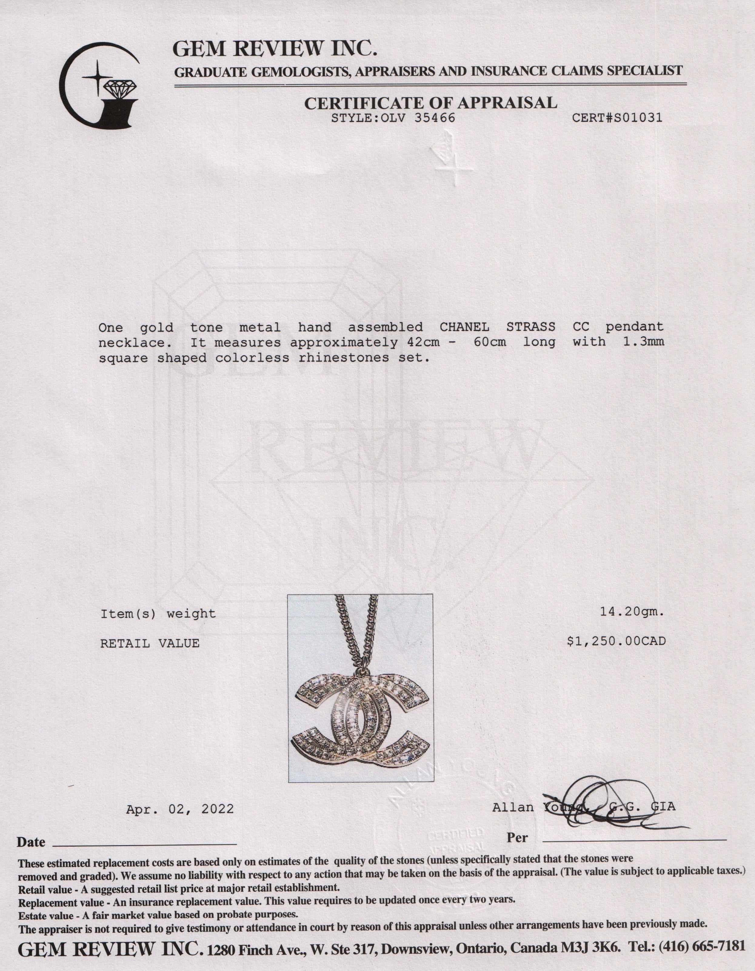 Chanel Crystal CC Pendant Necklace w/ Box