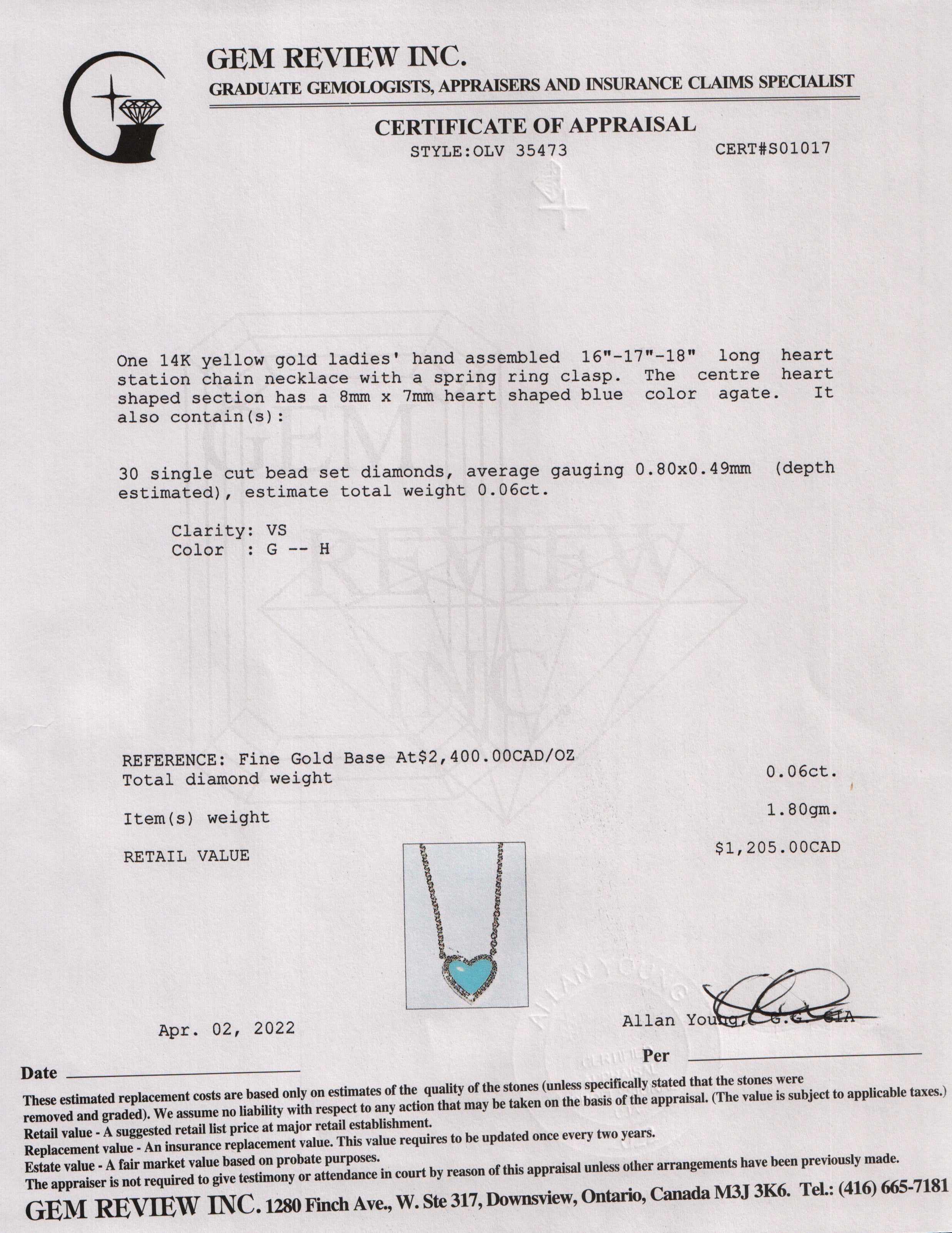 14k Gold Diamond & Blue Agate Heart Pendant Necklace