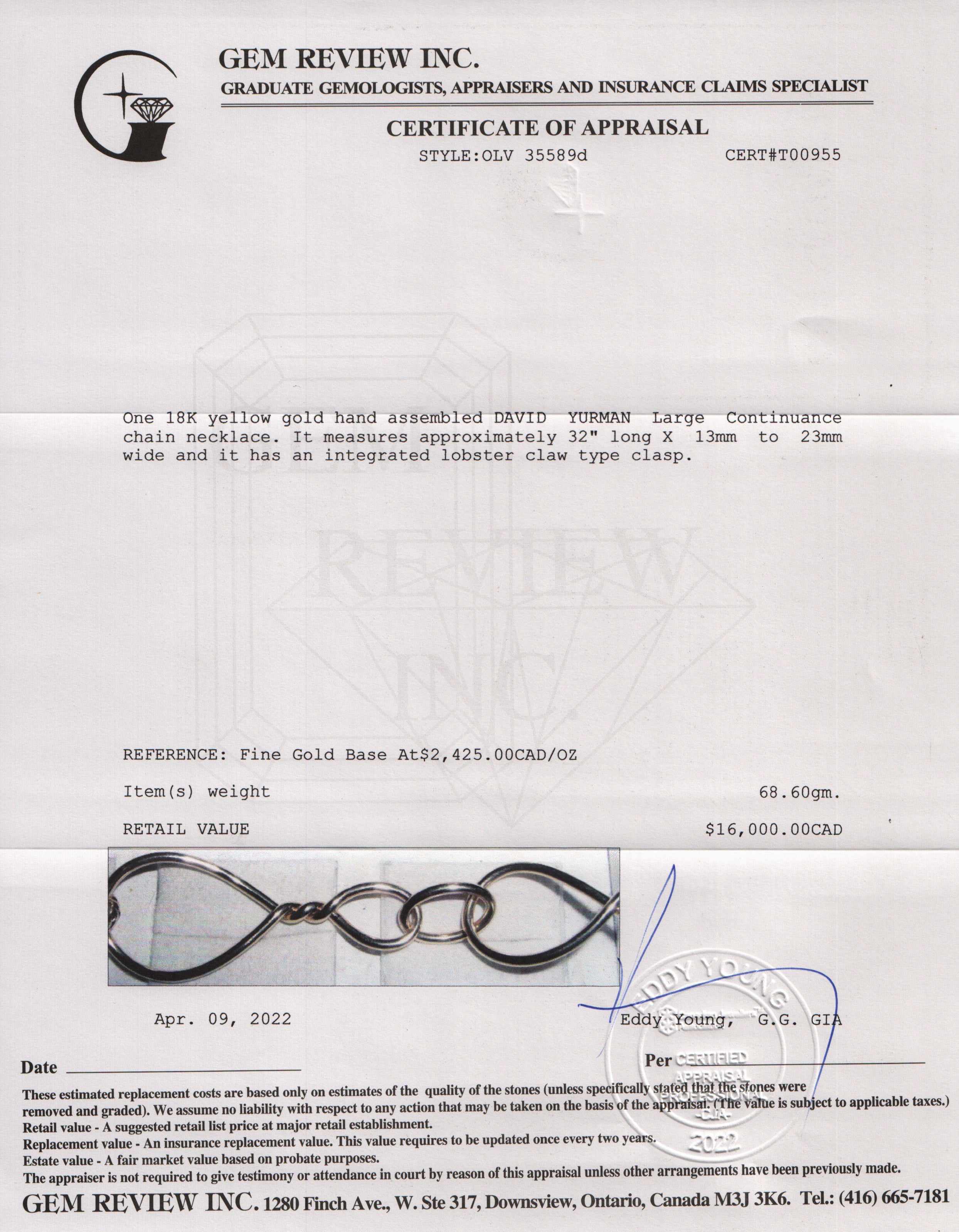 David Yurman 18k Gold Large Continuance Chain Necklace