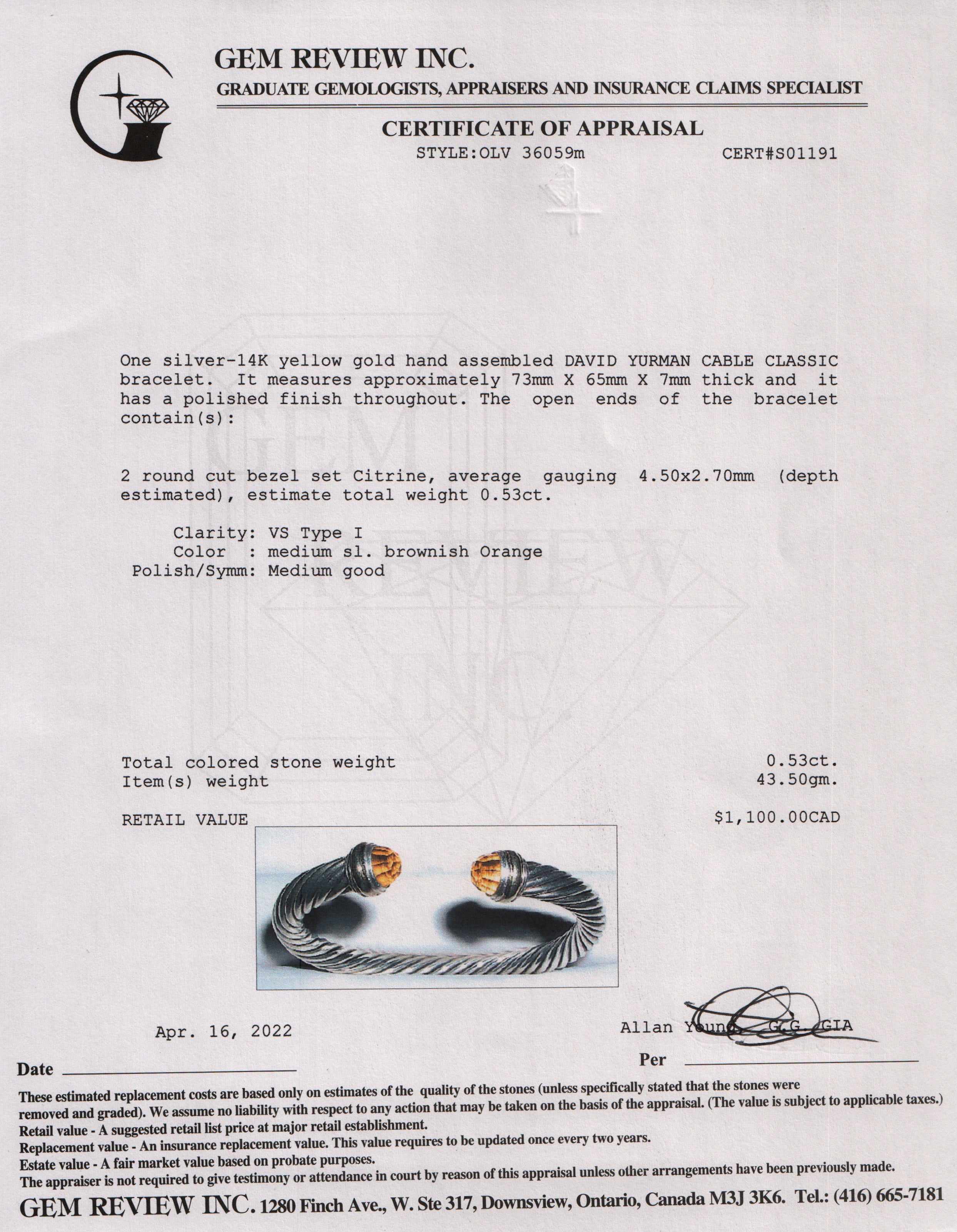 David Yurman Two-Tone Cable Classics Bracelet with Citrine