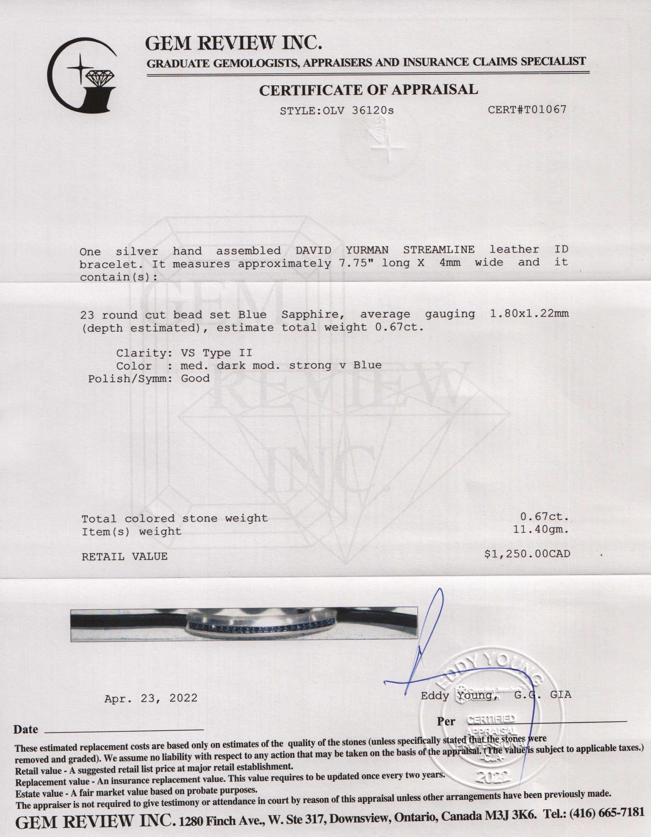 David Yurman Streamline Leather ID Bracelet with Blue Sapphires w/ Receipt