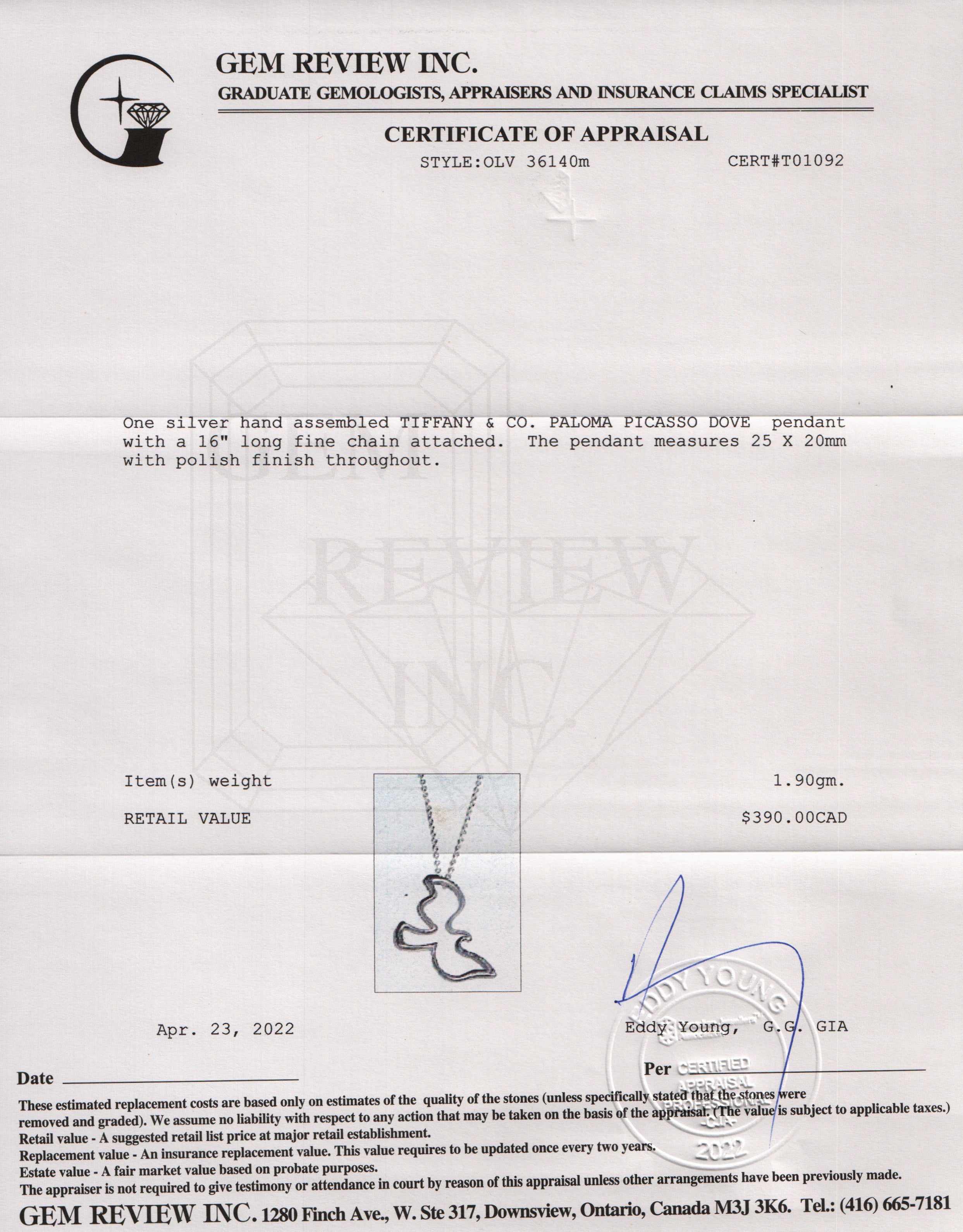 Tiffany & Co. Paloma Picasso Dove Pendant Necklace