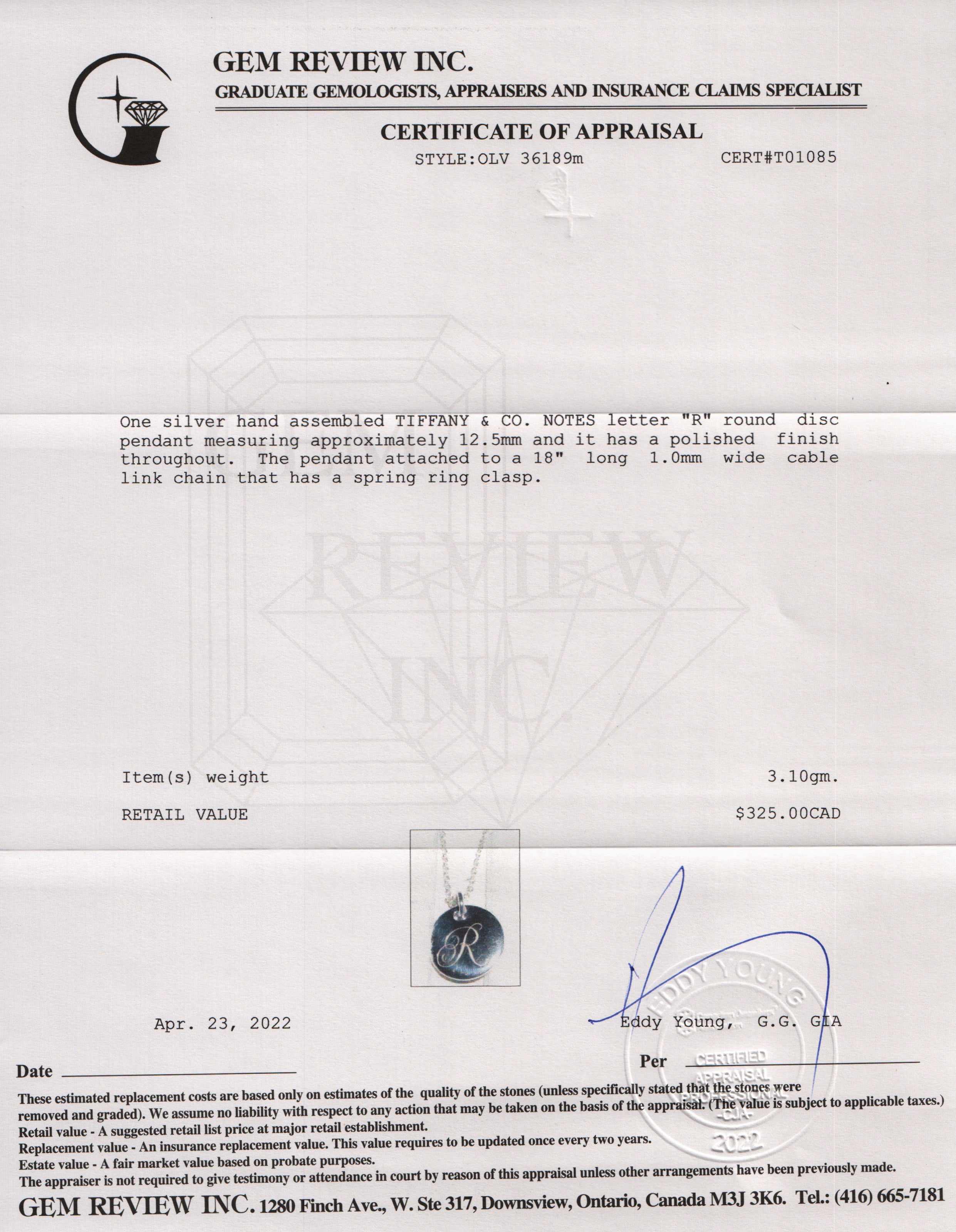 Tiffany & Co. Notes Letter 'R' Disc Charm Pendant Necklace