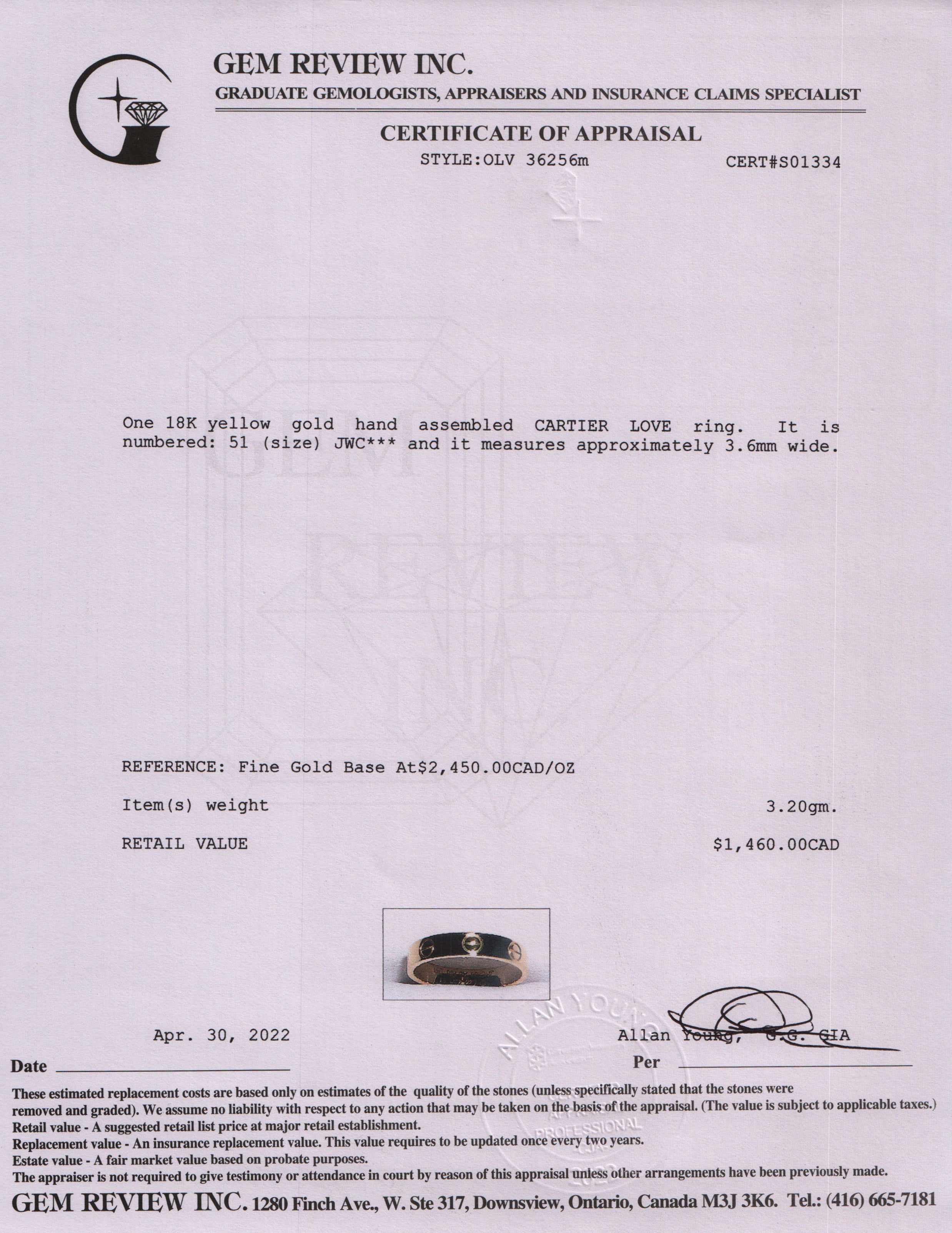 Cartier 18k Yellow Gold Love Wedding Band Ring w/ Box & Certificate