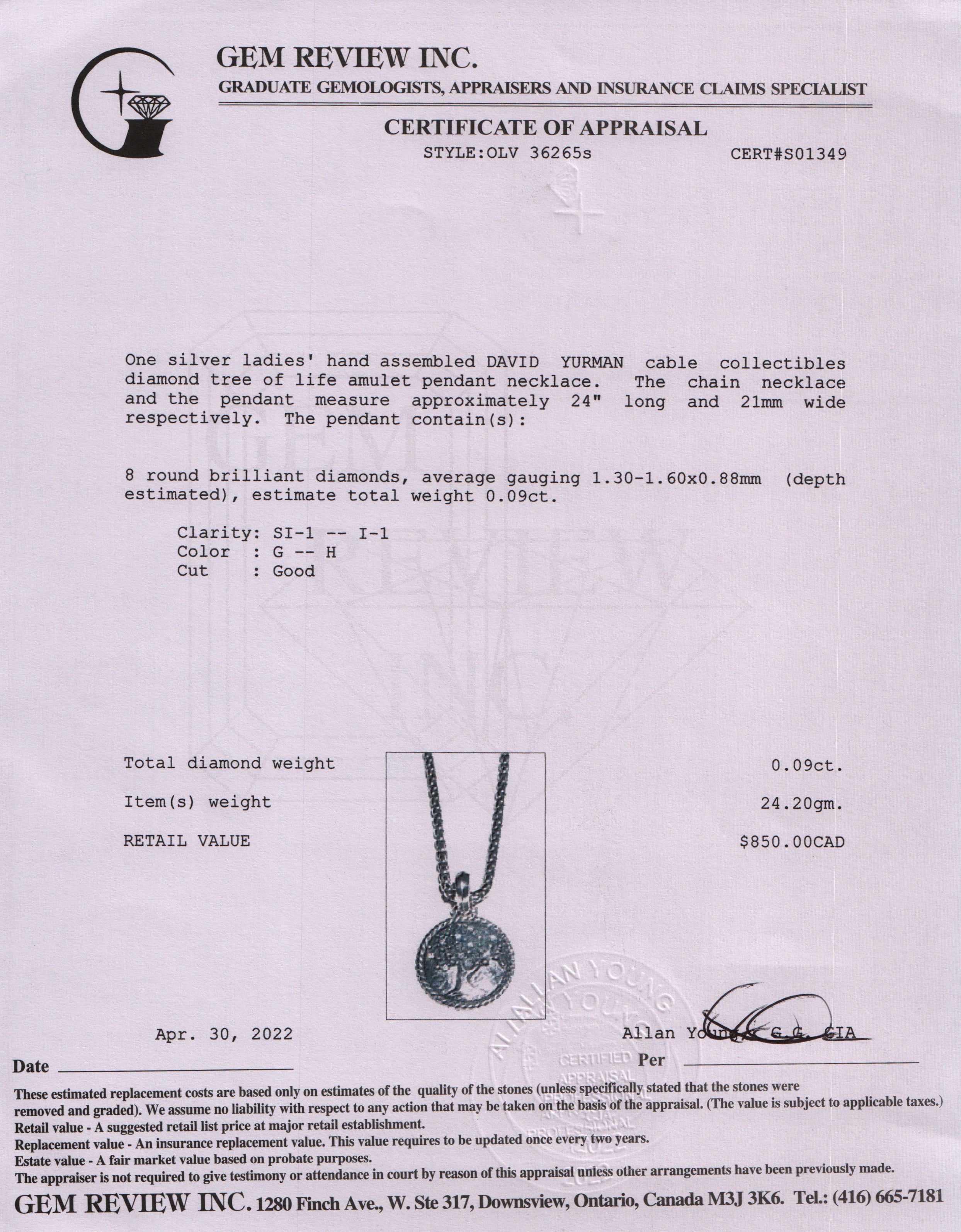 David Yurman Cable Collectibles Diamond Tree of Life Amulet Pendant Necklace w/ Box & Receipt