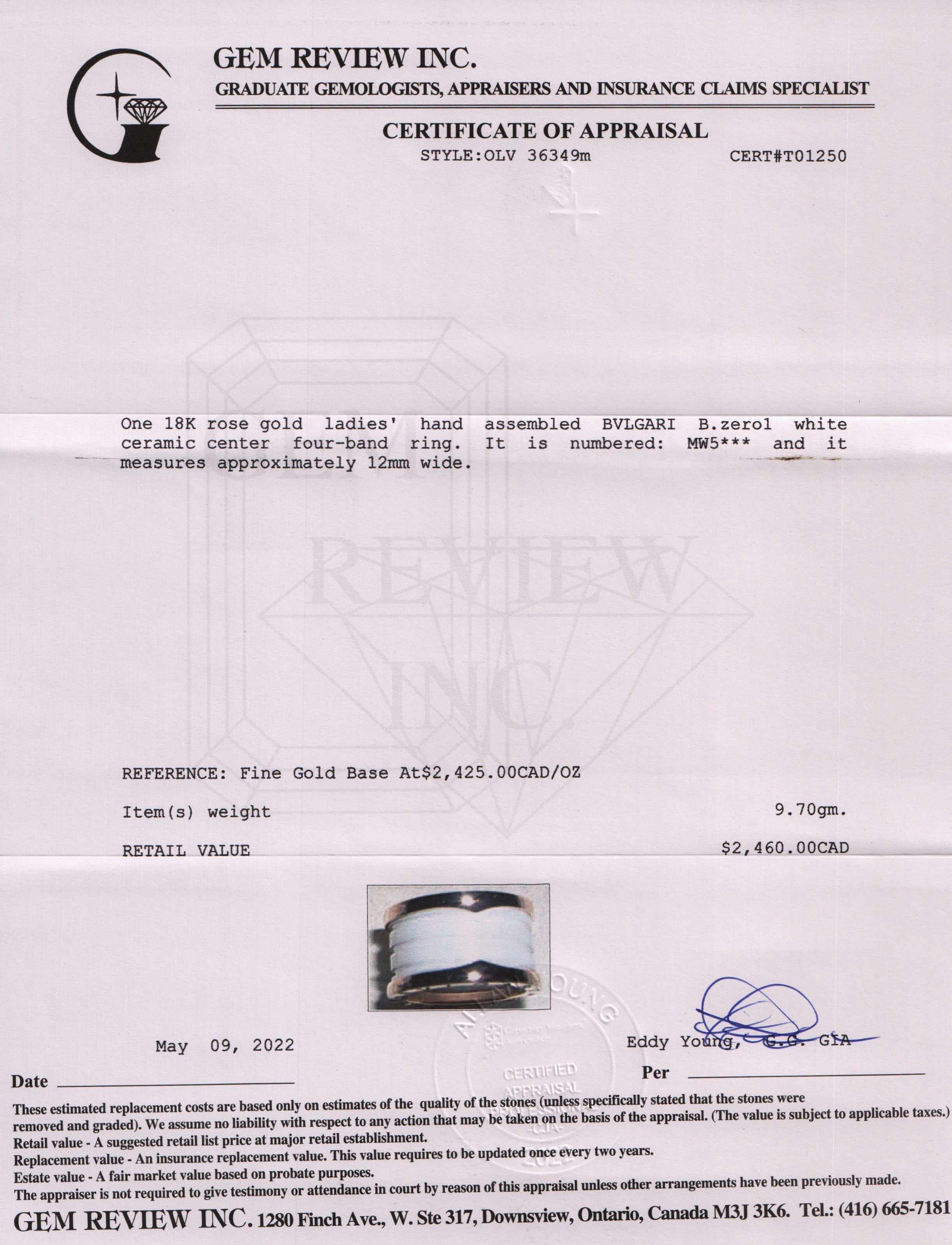 BVLGARI 18k Rose Gold & White Ceramic B.Zero1 Four-Band Ring w/ Certificate