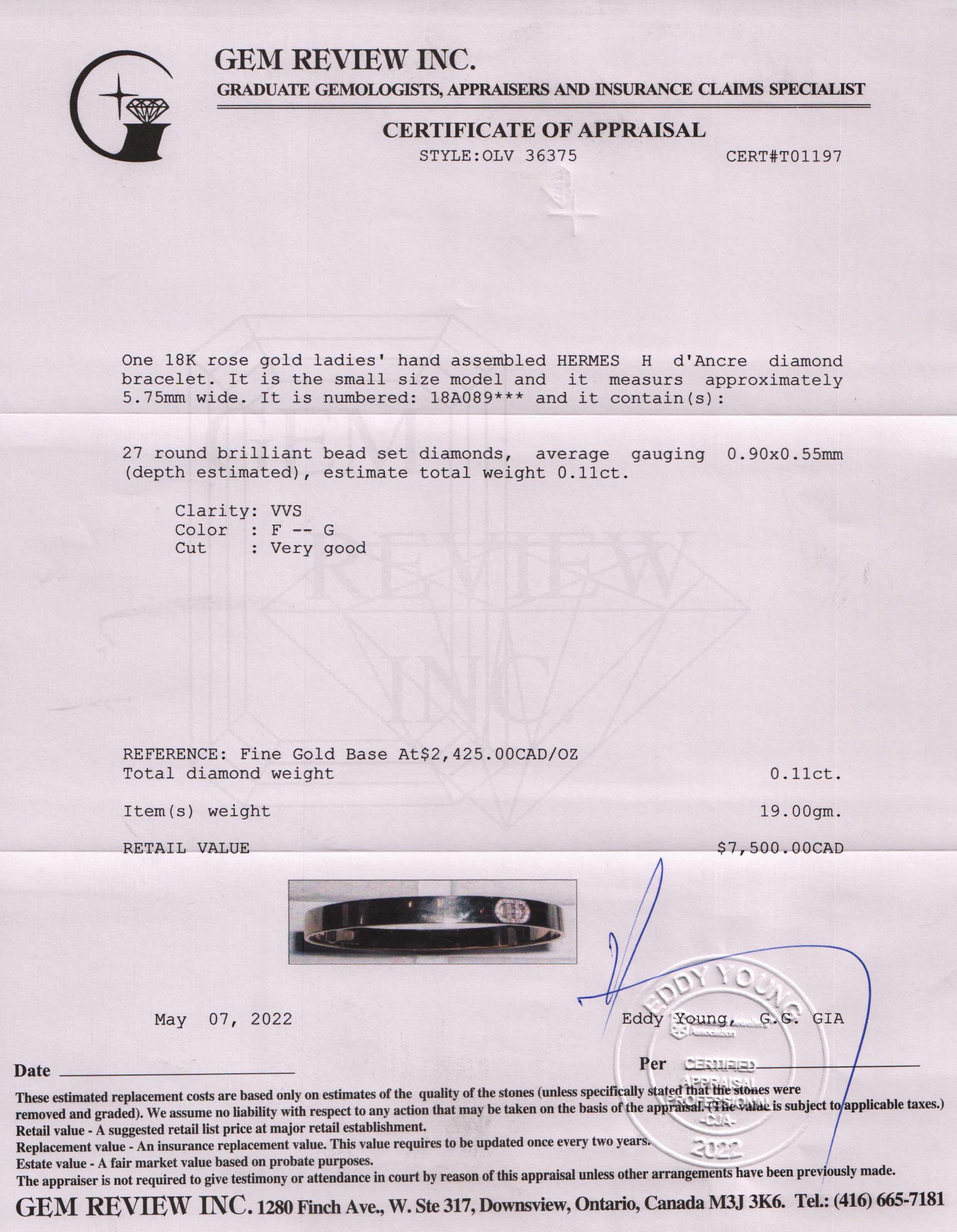 Hermes 18k Rose Gold H D'Ancre Diamond Bracelet, Small Model w/ Box