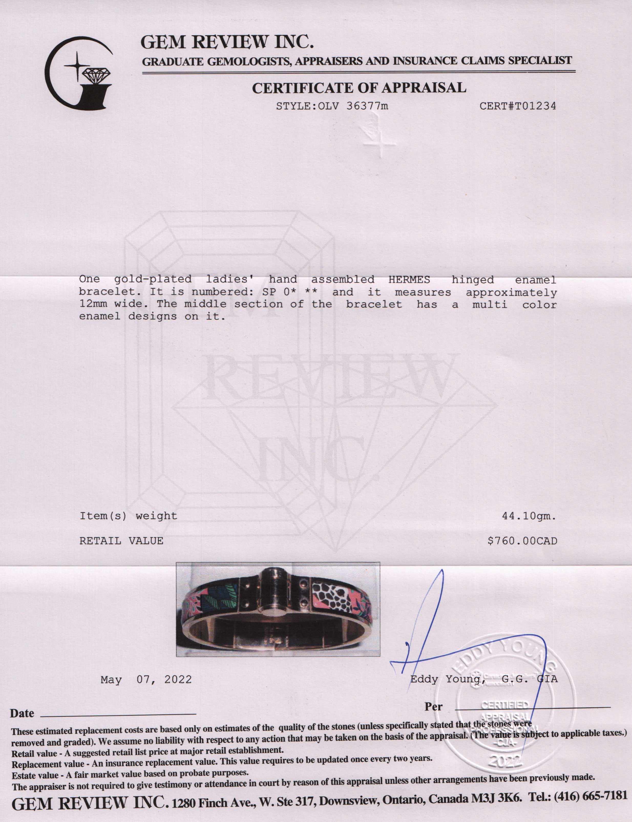 Hermes The Three Graces Hinged Enamel Bracelet w/ Box