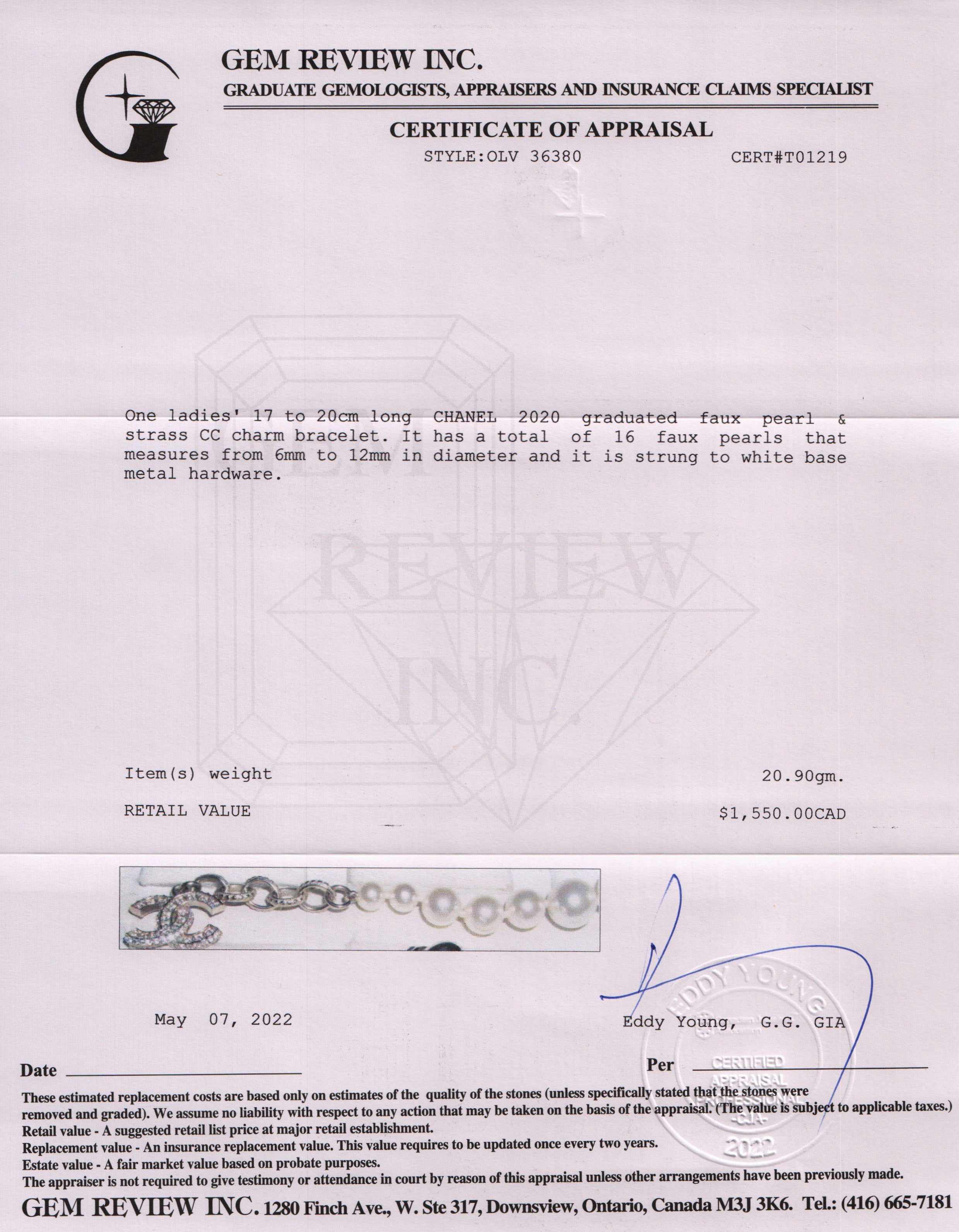 Chanel 2020 Faux Pearl & Strass CC Charm Bracelet w/ Box