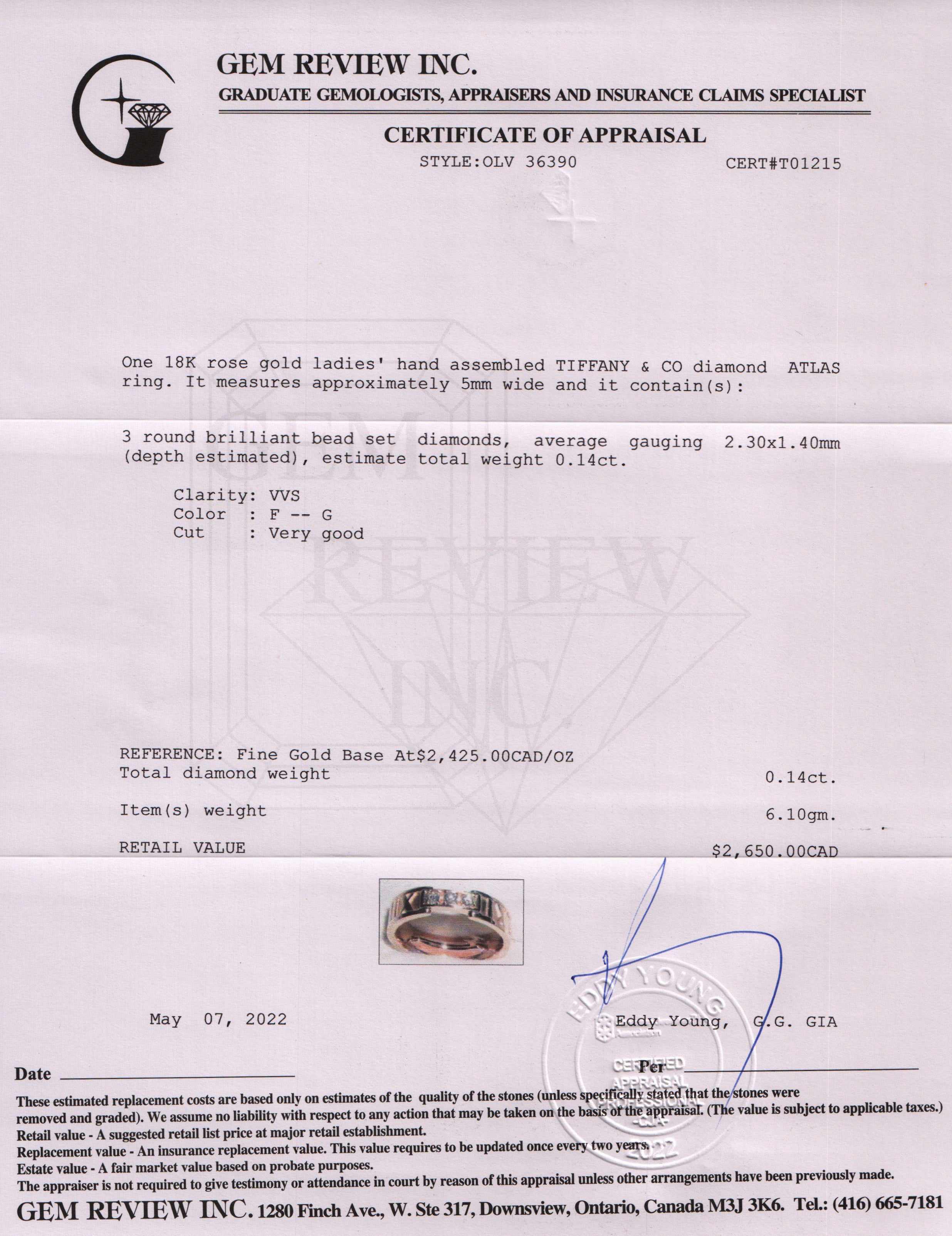 Tiffany & Co. 18k Rose Gold Diamond Atlas Ring w/ Receipt