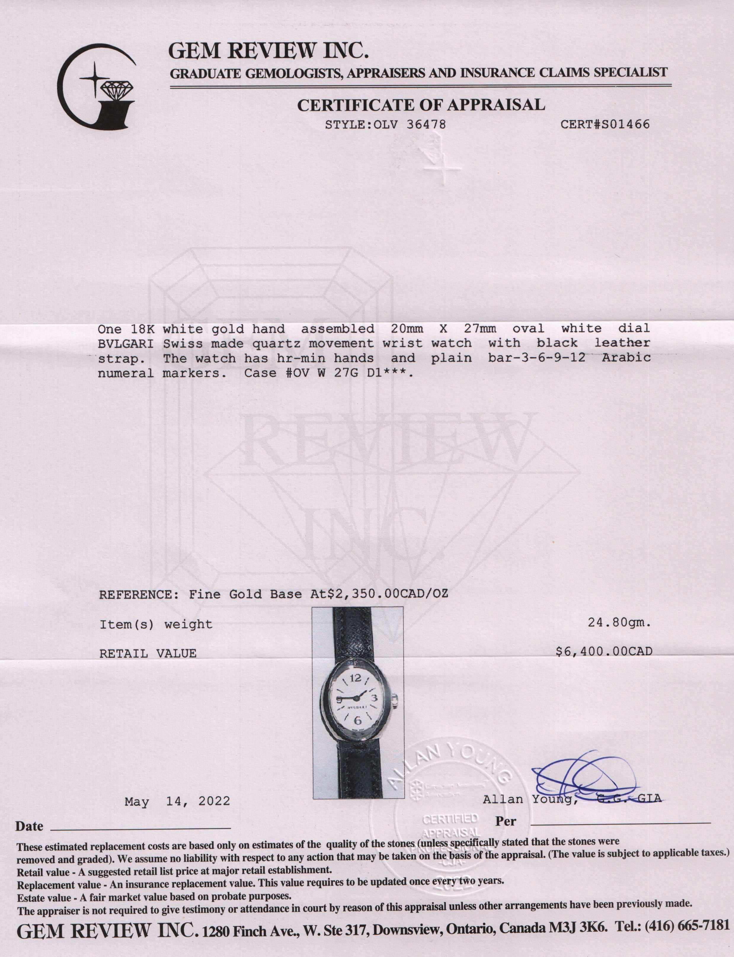 BVLGARI 18k White Gold Oval Watch