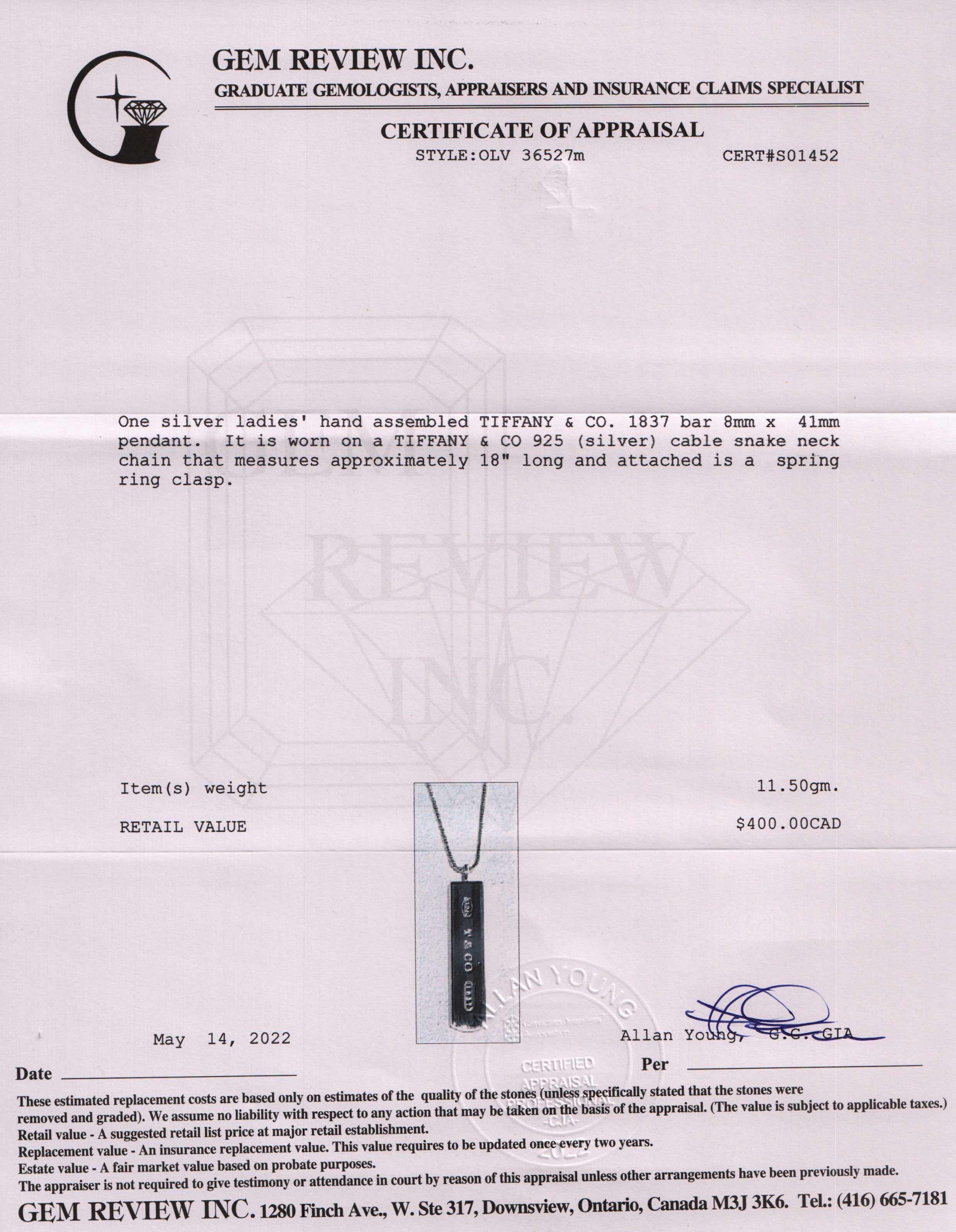 Tiffany & Co. 1837 Bar Pendant Necklace