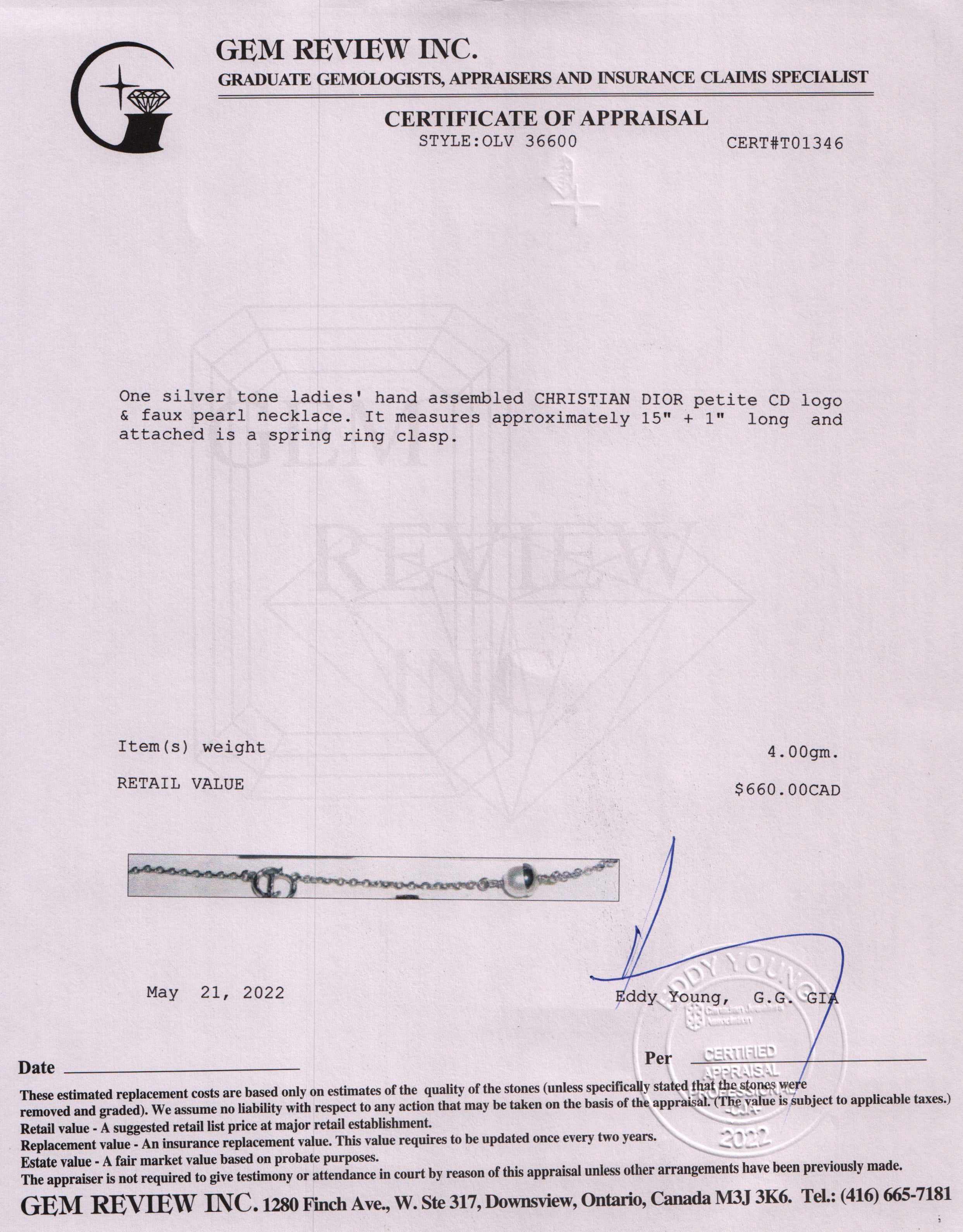 Christian Dior Petite CD Logo & Faux Pearl Necklace w/ Box