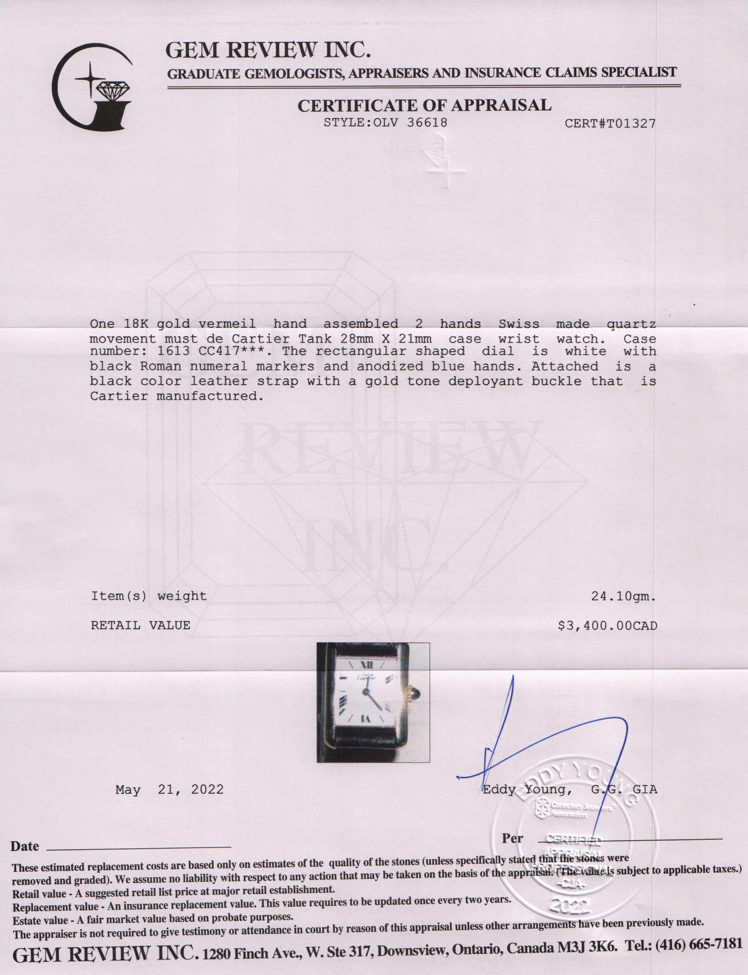 Cartier Must de Cartier Tank Vermeil Watch w/ Box