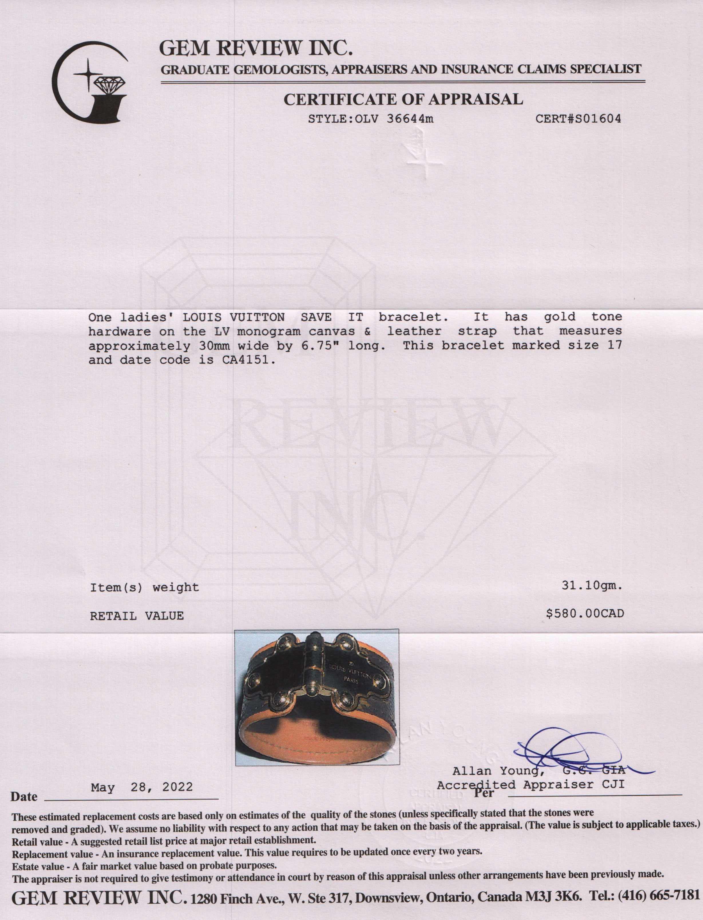 Louis Vuitton Monogram Save It Bracelet w/ Box