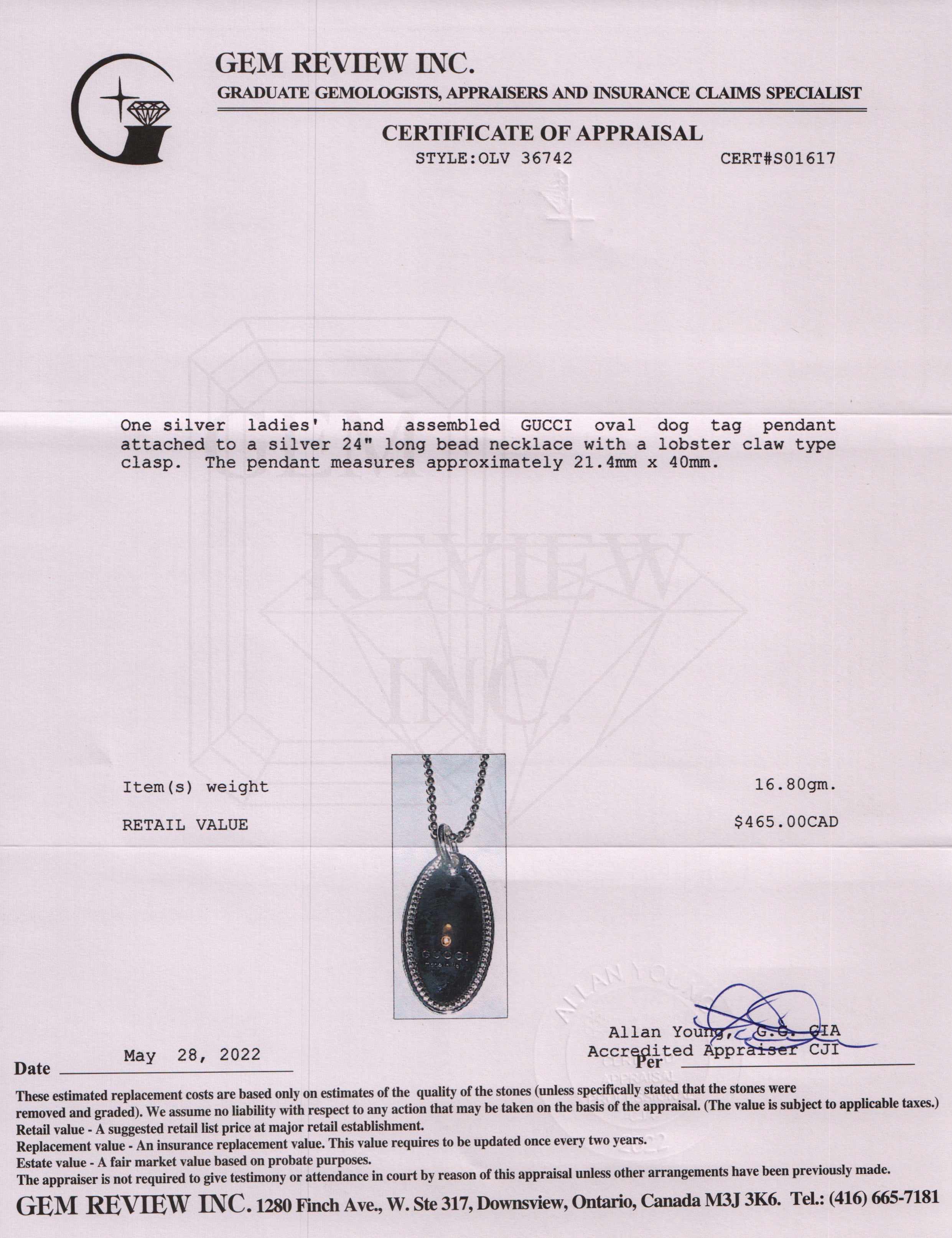 Gucci Oval Dog Tag Pendant Necklace w/ Box