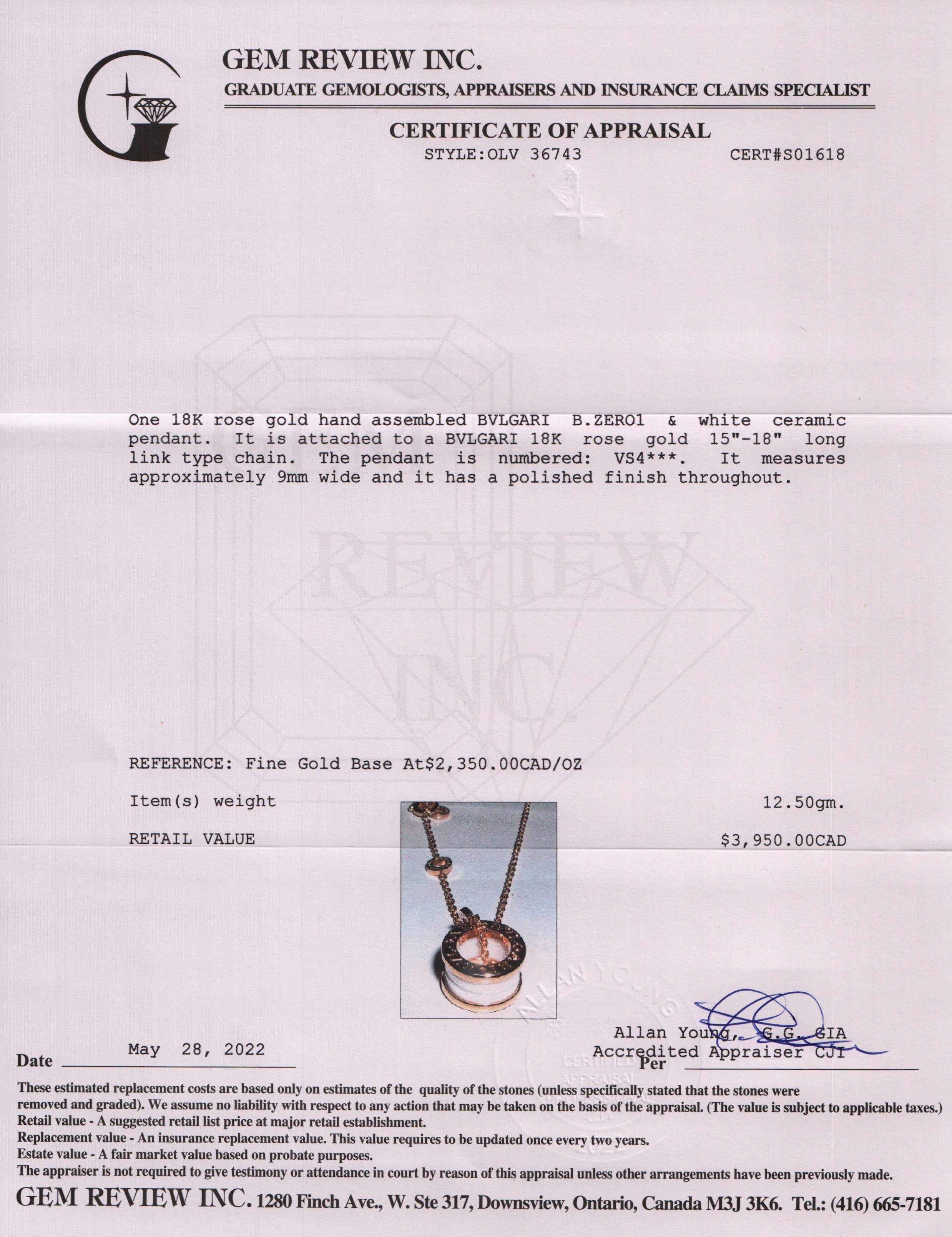BVLGARI 18k Rose Gold & White Ceramic B.Zero1 Pendant Necklace w/ Box, Receipt & Certificate