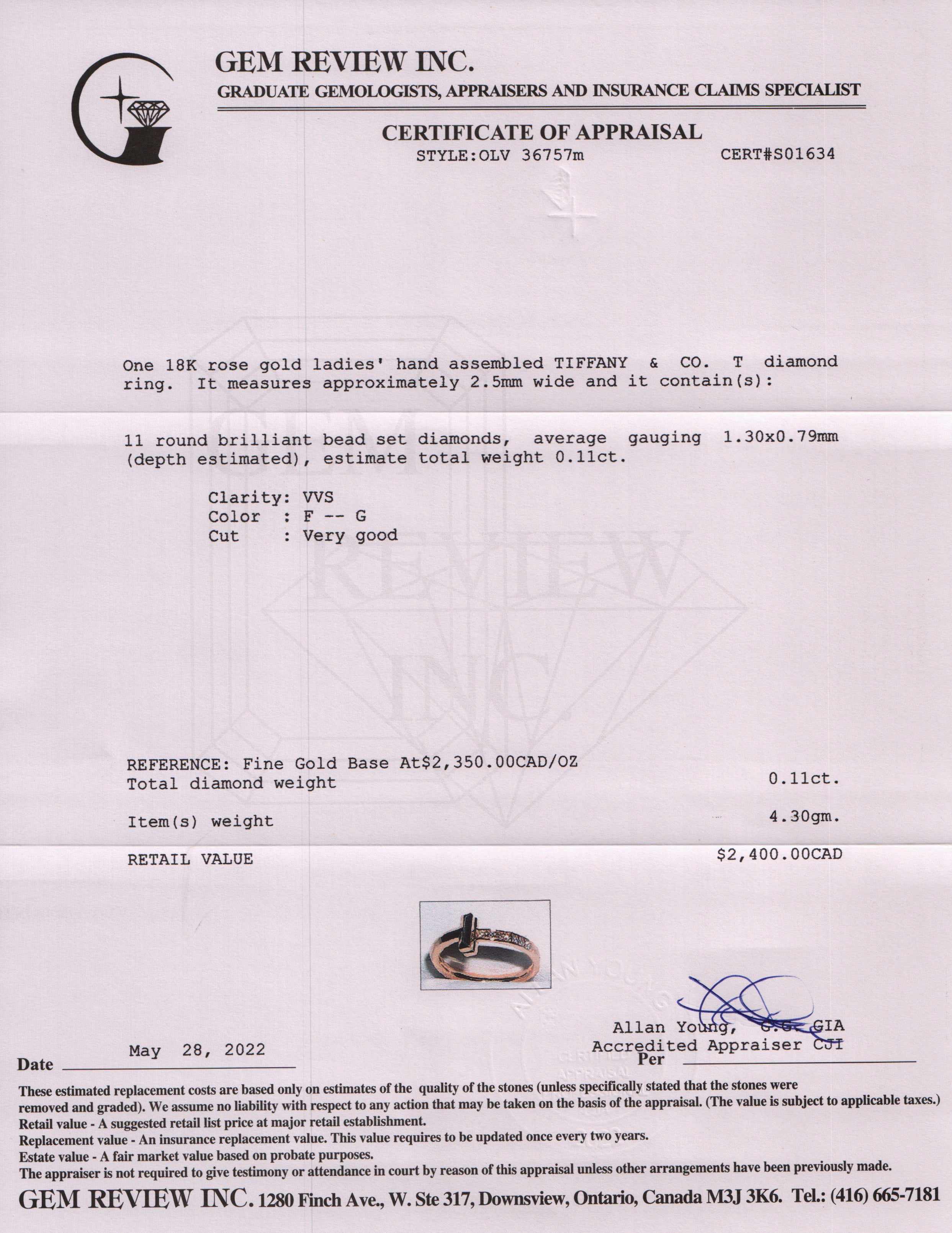 Tiffany & Co. 18k Rose Gold T1 Diamond Ring