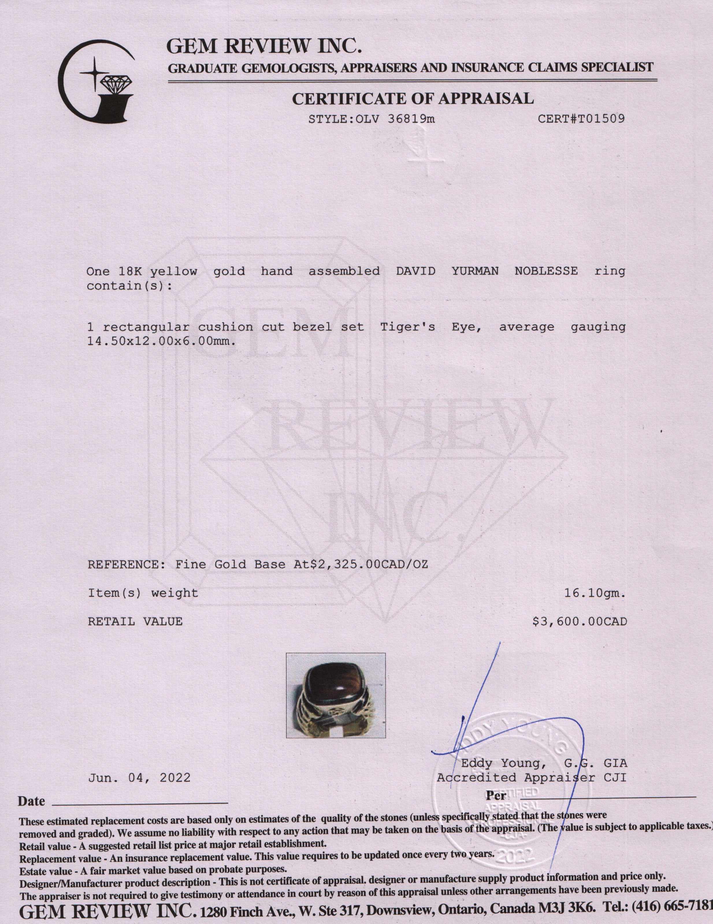 David Yurman 18k Gold Tiger's Eye Noblesse Ring