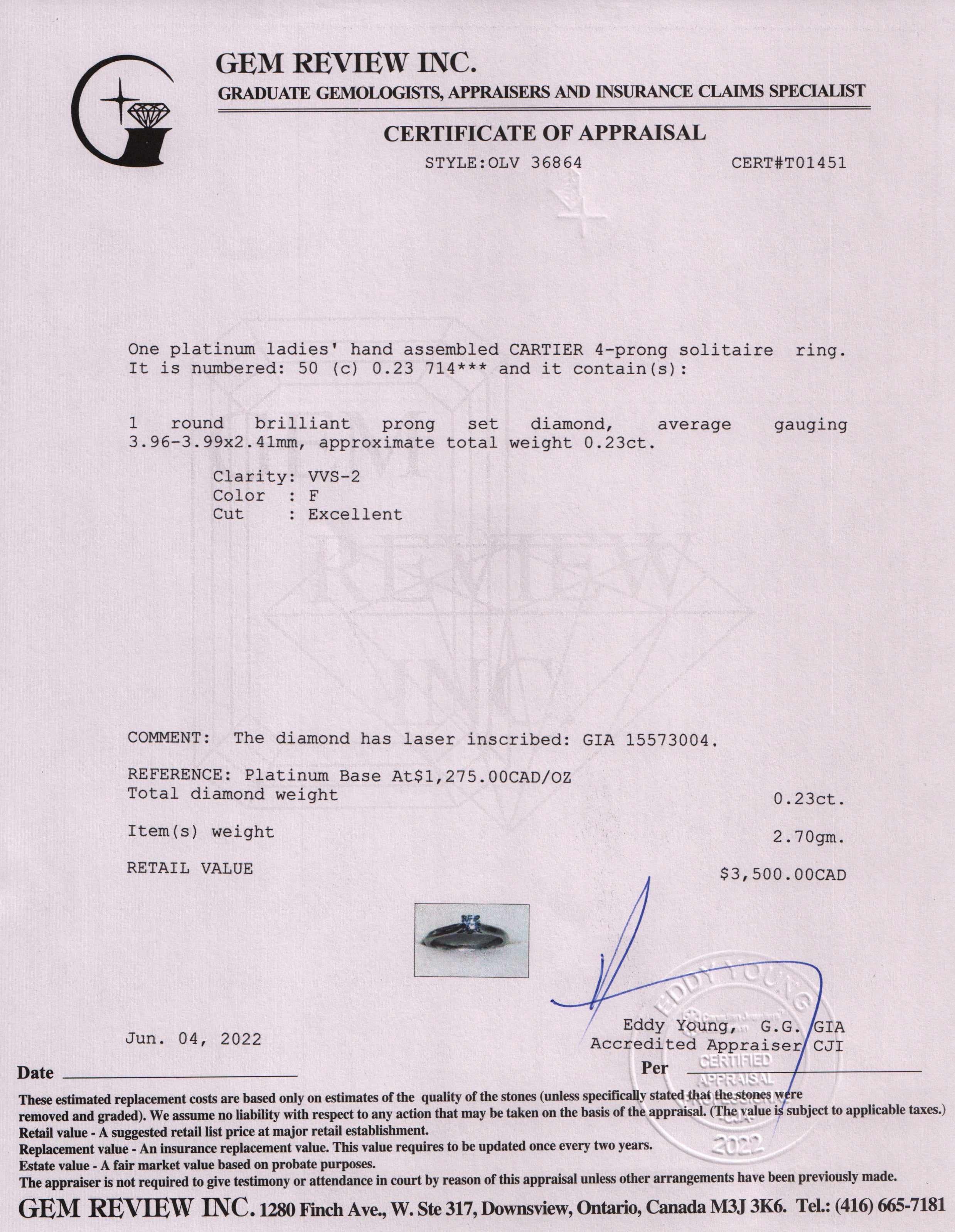 Cartier Platinum Diamond Solitaire Engagement Ring w/ GIA Diamond Certificate