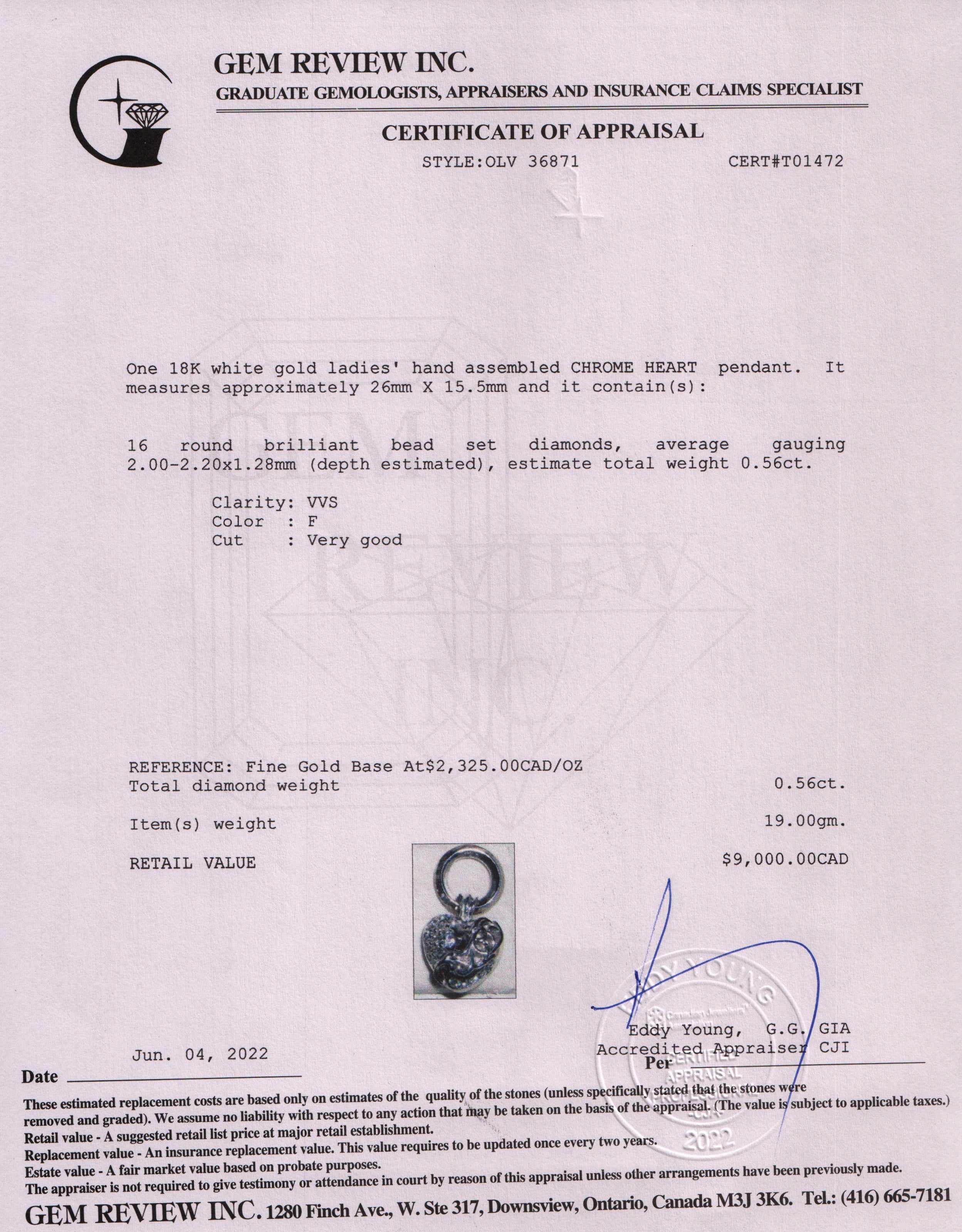 Chrome Hearts Vintage 18k White Gold Diamond Heart Pendant