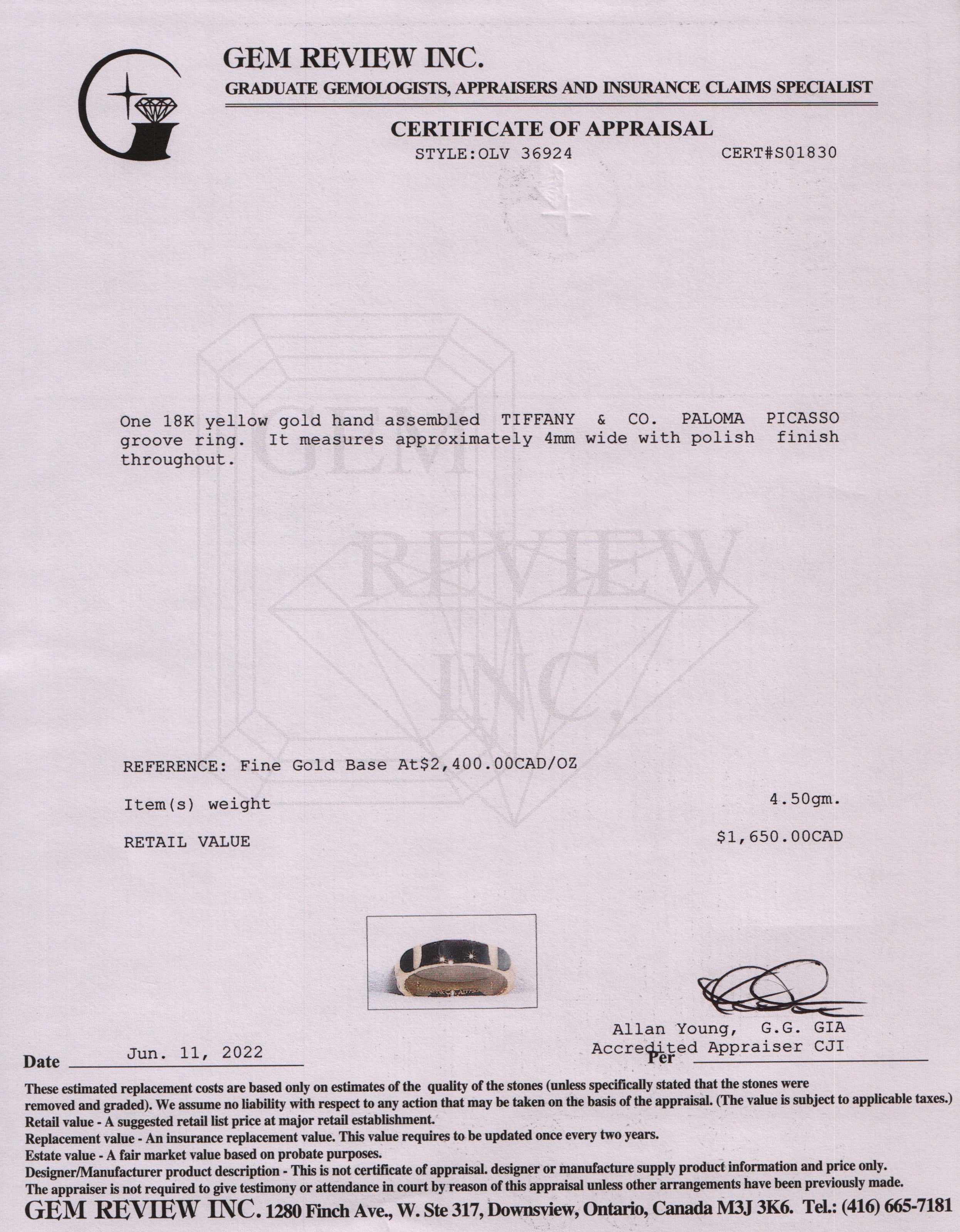 Tiffany & Co. 18K Gold Paloma Picasso Groove Ring