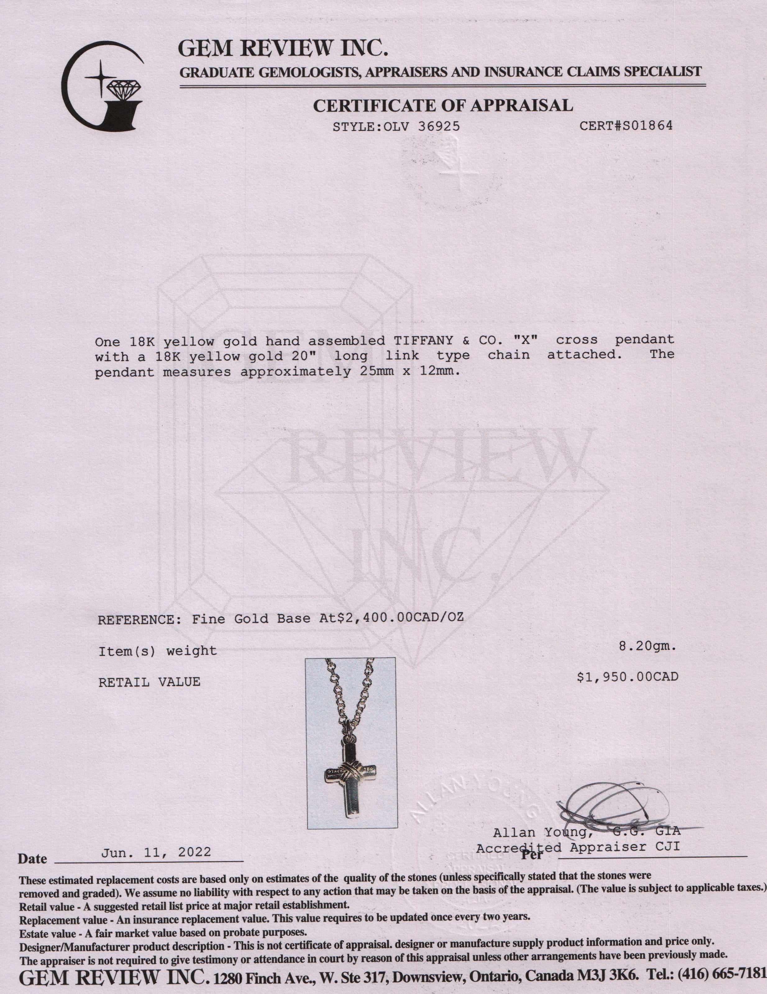 Tiffany & Co. 18k Gold X Cross Pendant Necklace