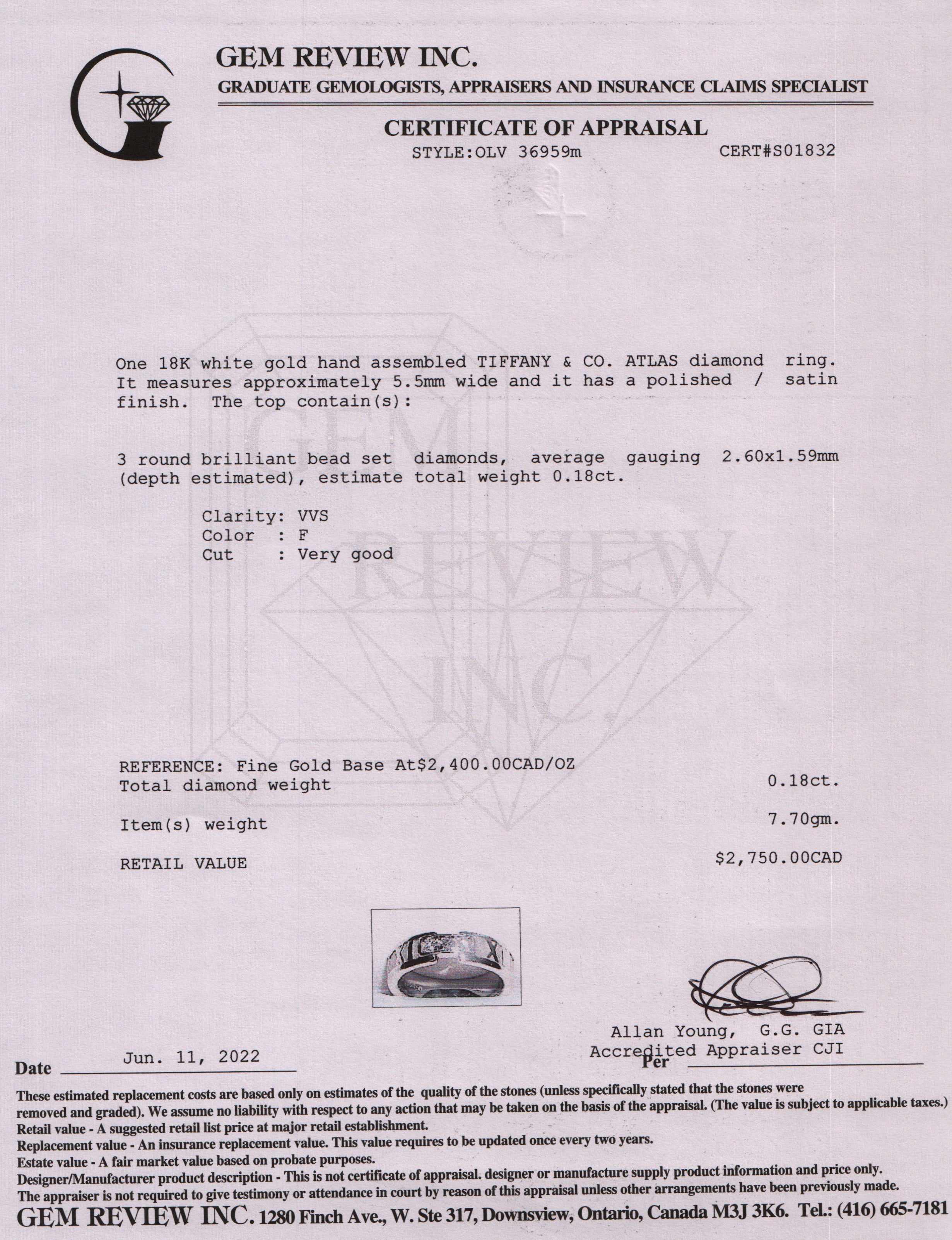 Tiffany & Co. 18k White Gold Atlas Ring with Diamonds