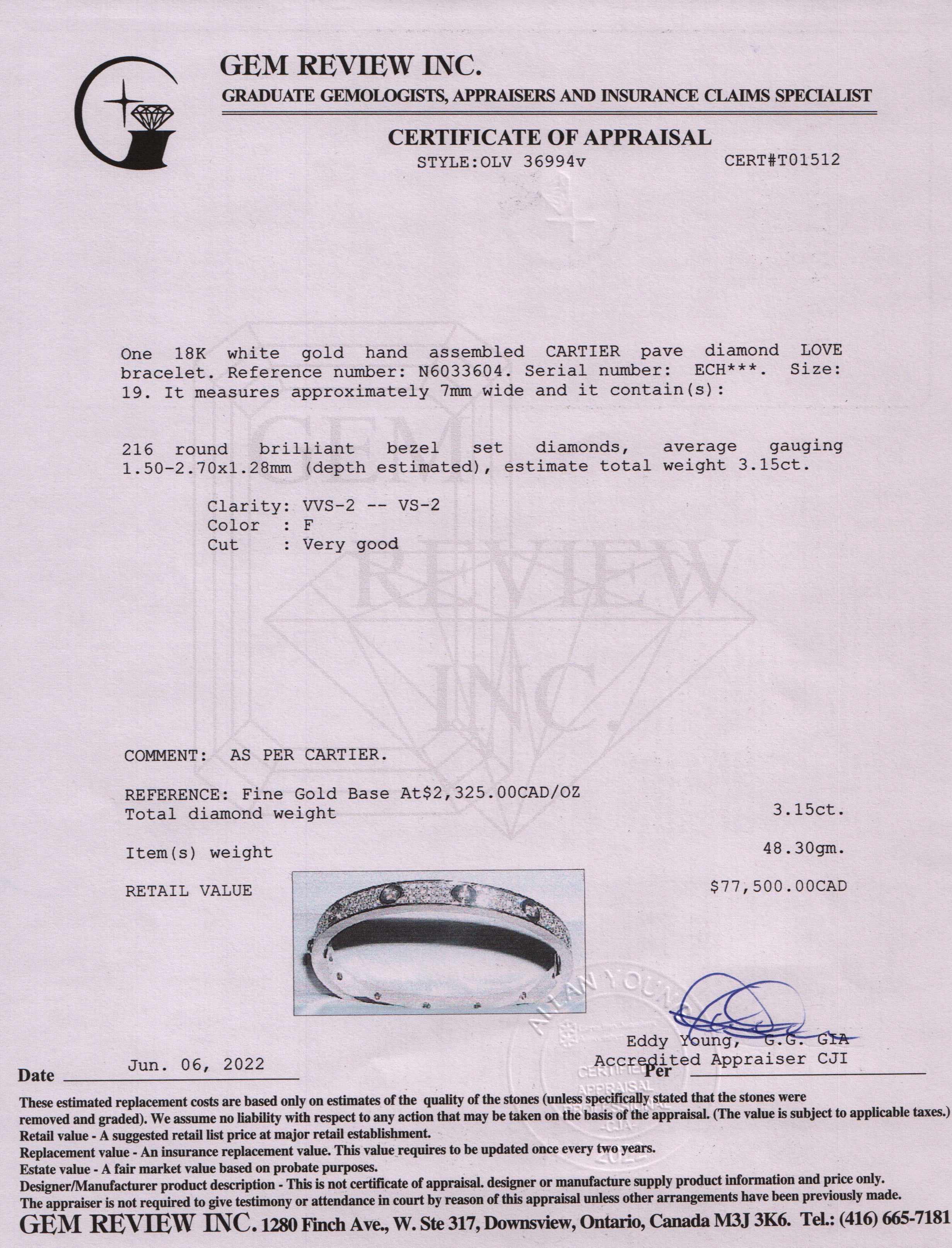 Cartier 18k White Gold Paved Diamond Love Bracelet w/ Box, Receipt & Certificate
