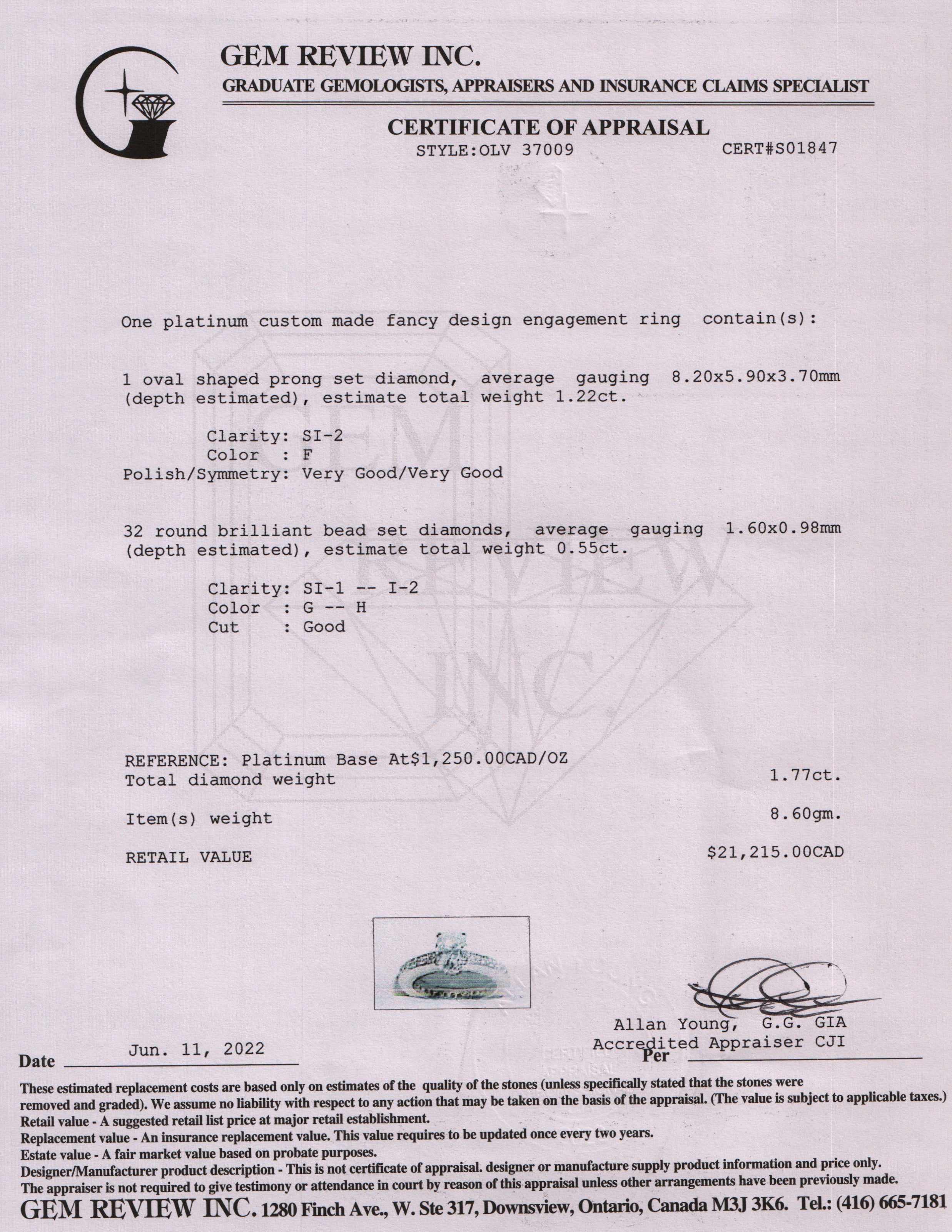 Platinum 1.22 ct. Oval Diamond Engagement Ring