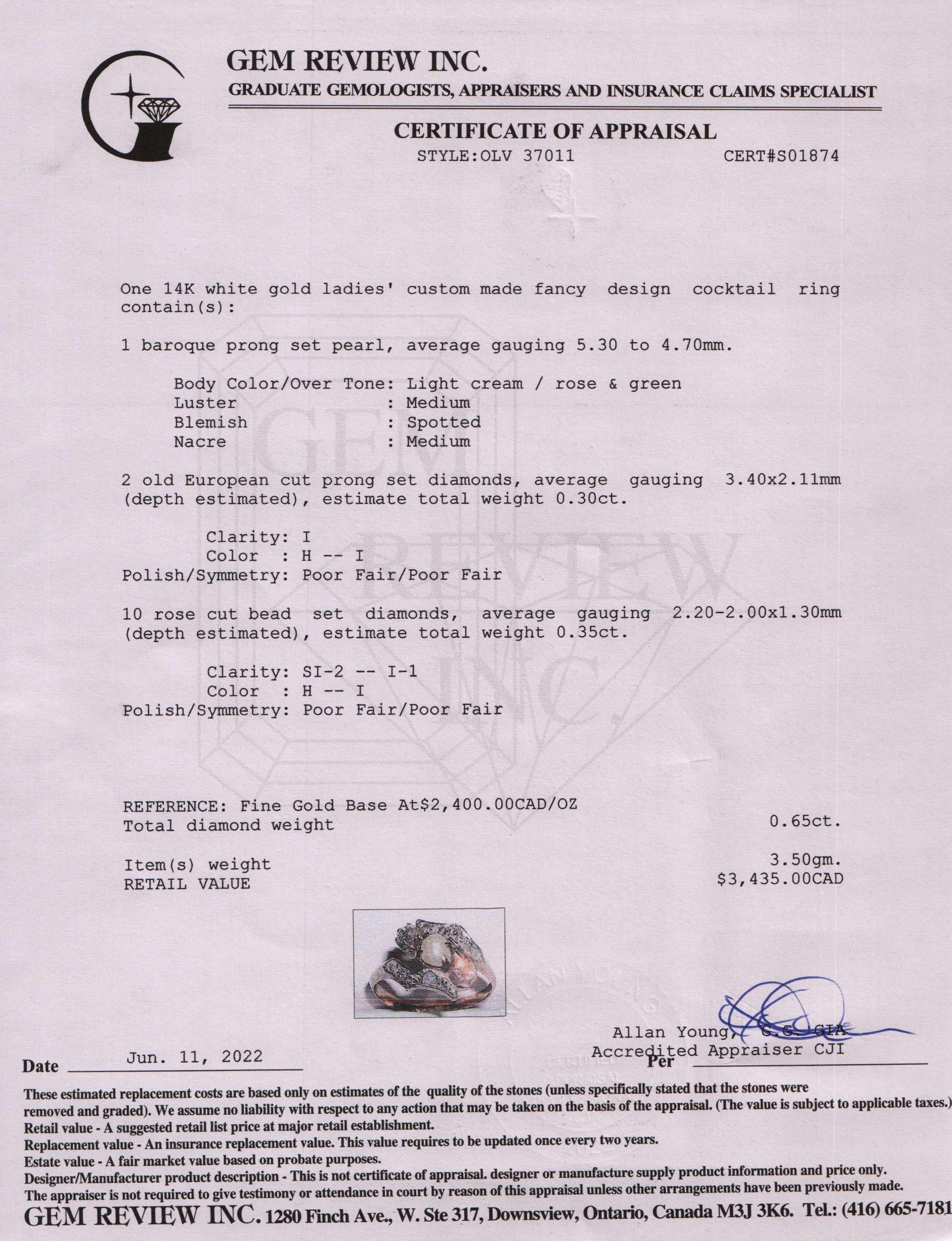 Antique 14k White Gold Pearl & Diamond Cocktail Ring