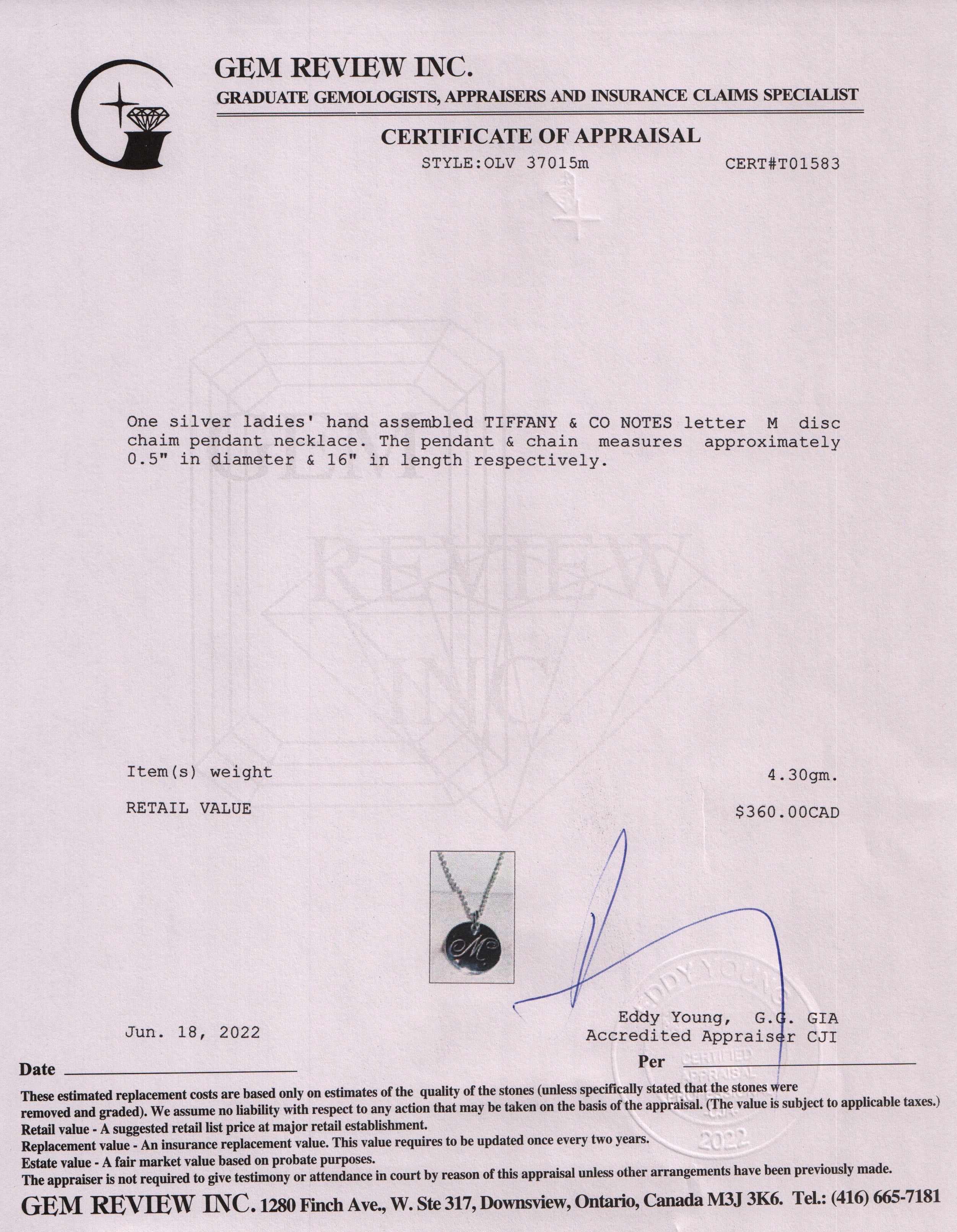 Tiffany & Co. Notes Letter 'M' Disc Charm Pendant Necklace