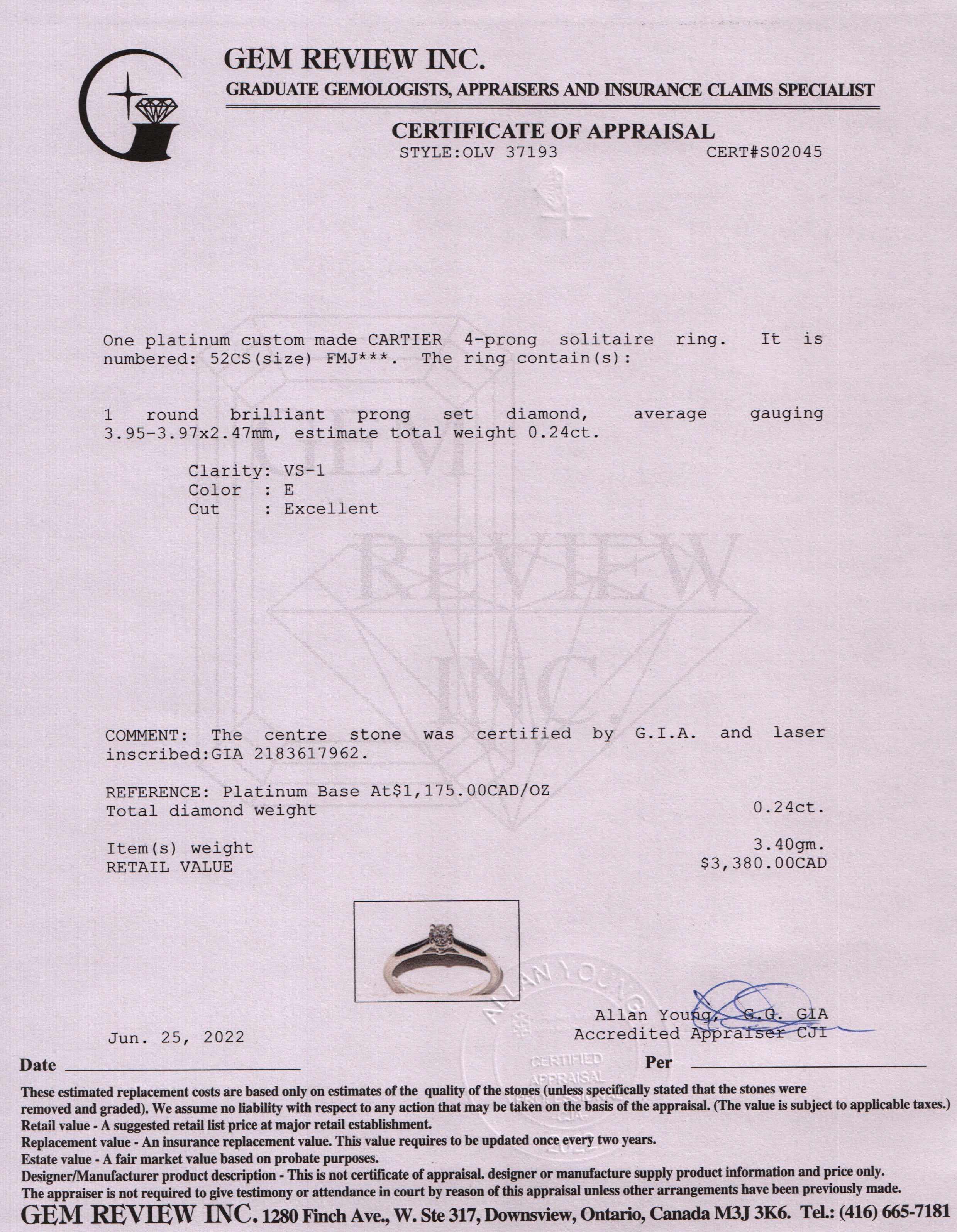 Cartier Platinum Diamond Solitaire Engagement Ring w/ Box