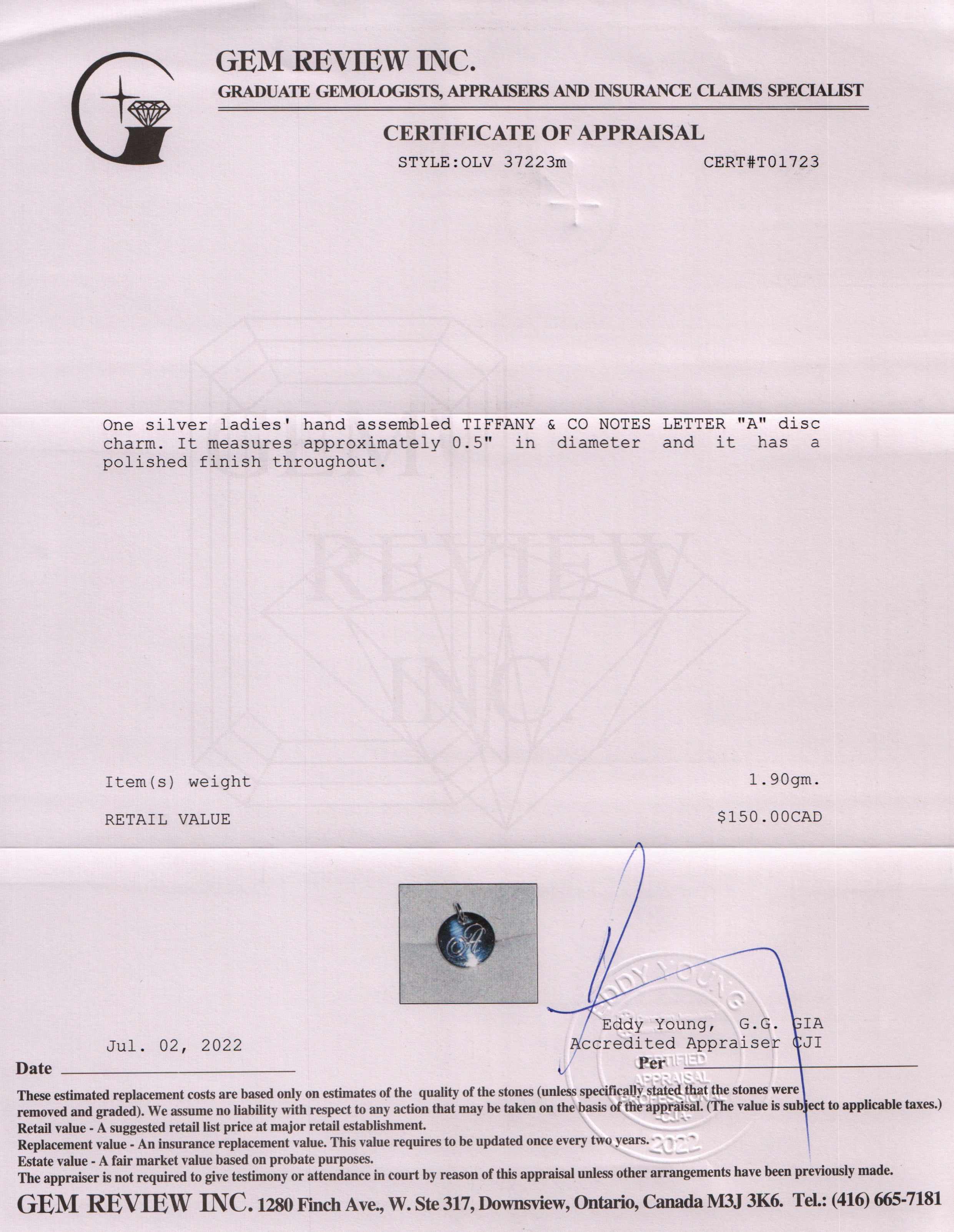 Tiffany & Co. Notes Letter 'A' Disc Charm Pendant