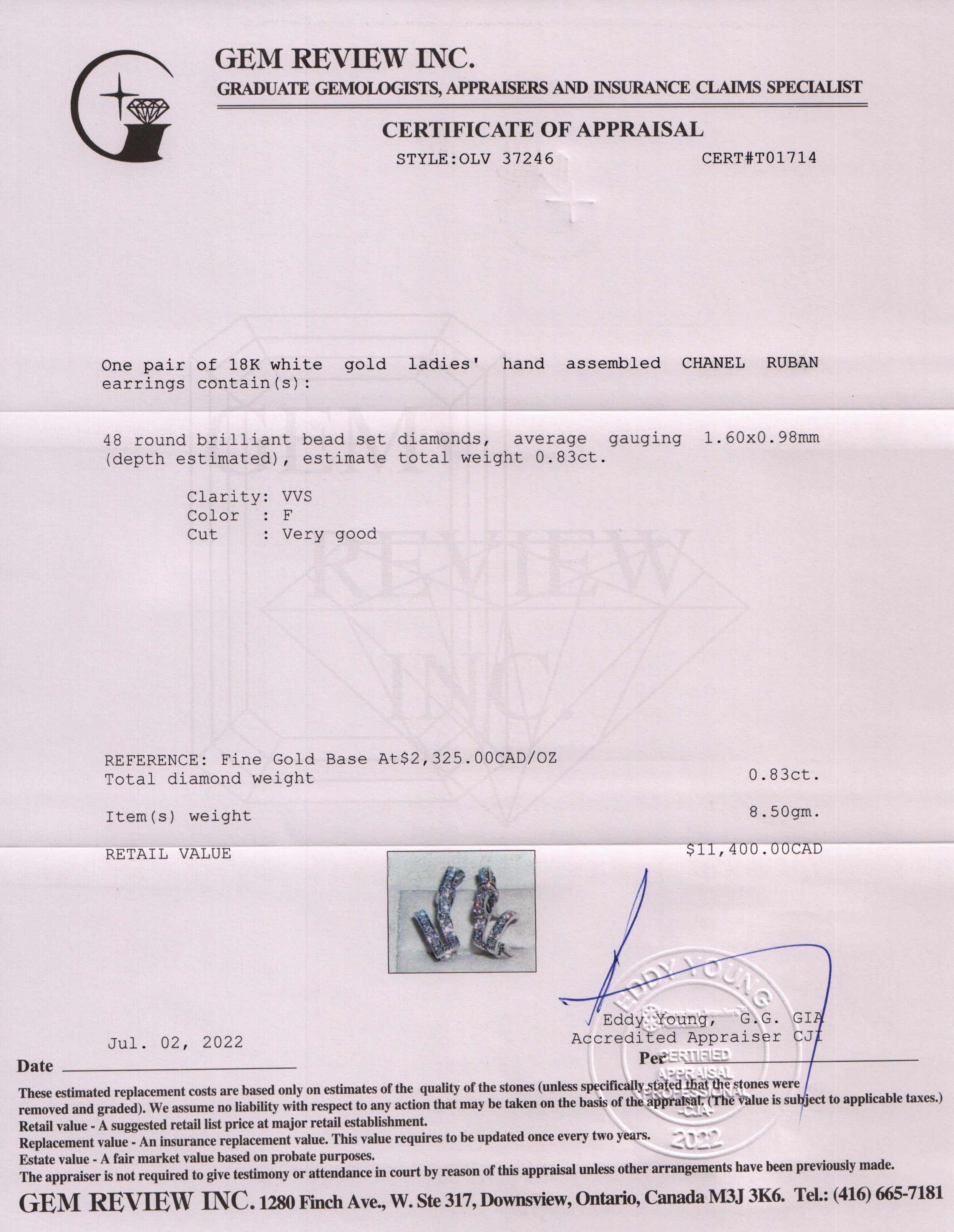 Chanel 18k White Gold Diamond Ruban Earrings w/ Box