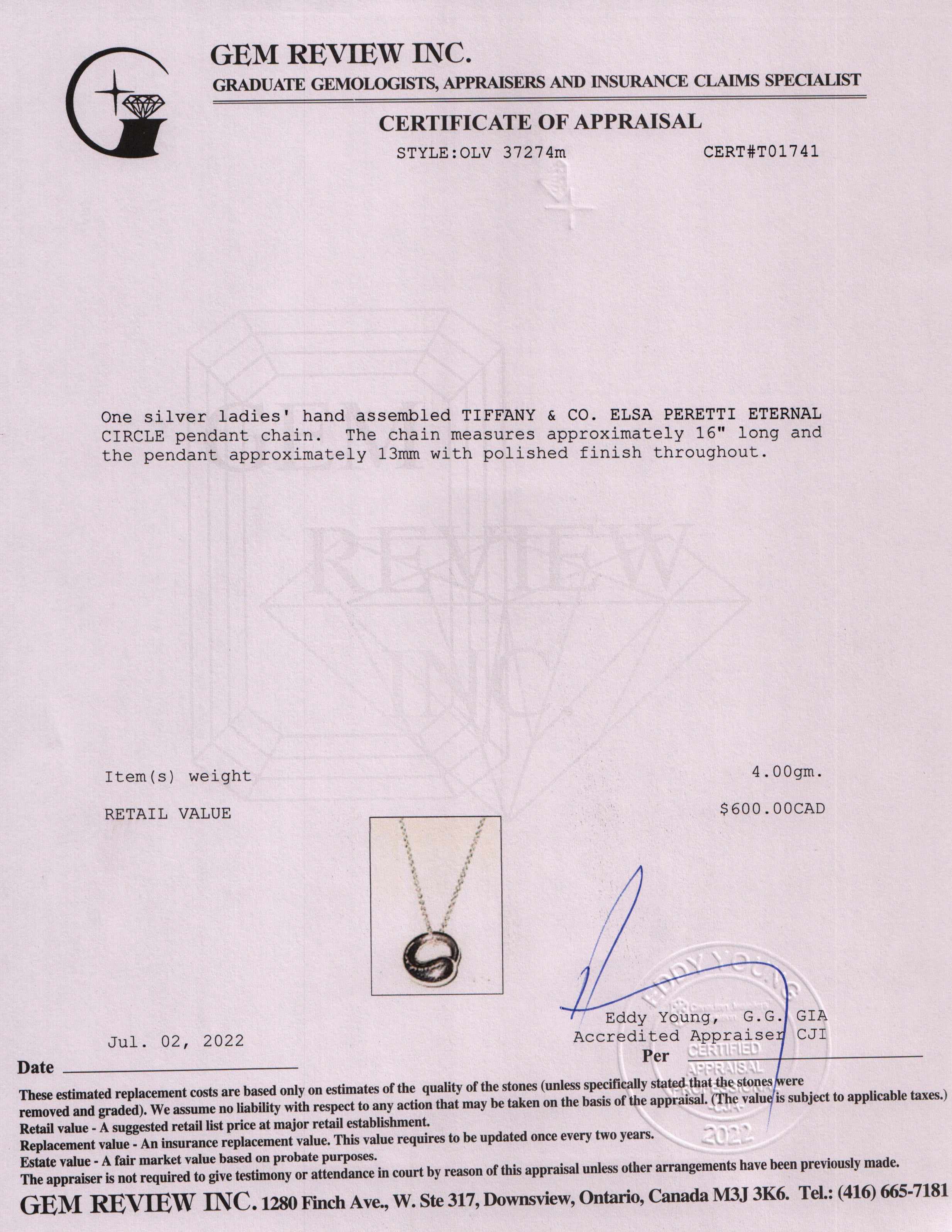 Tiffany & Co. Elsa Peretti Eternal Circle Pendant Necklace