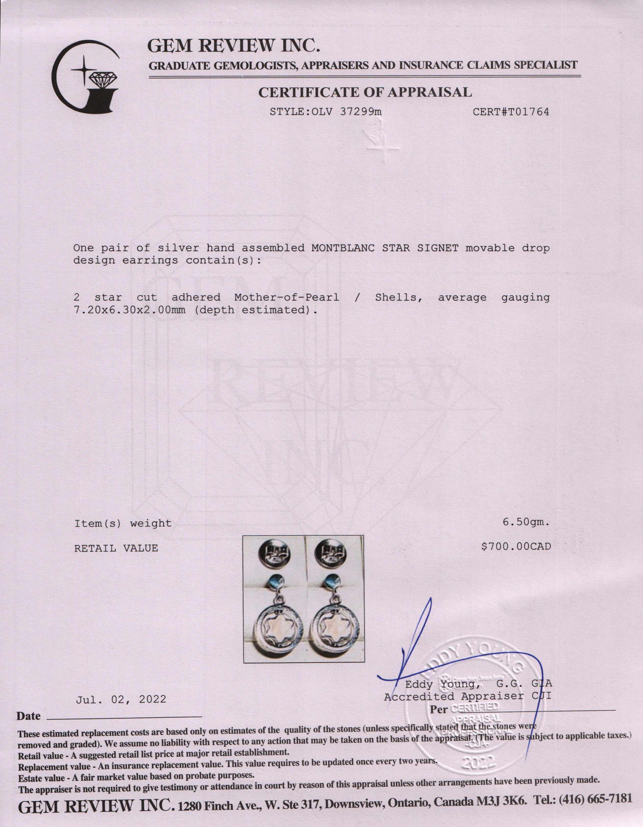 Montblanc Star Signet Mother of Pearl Drop Earrings w/ Box